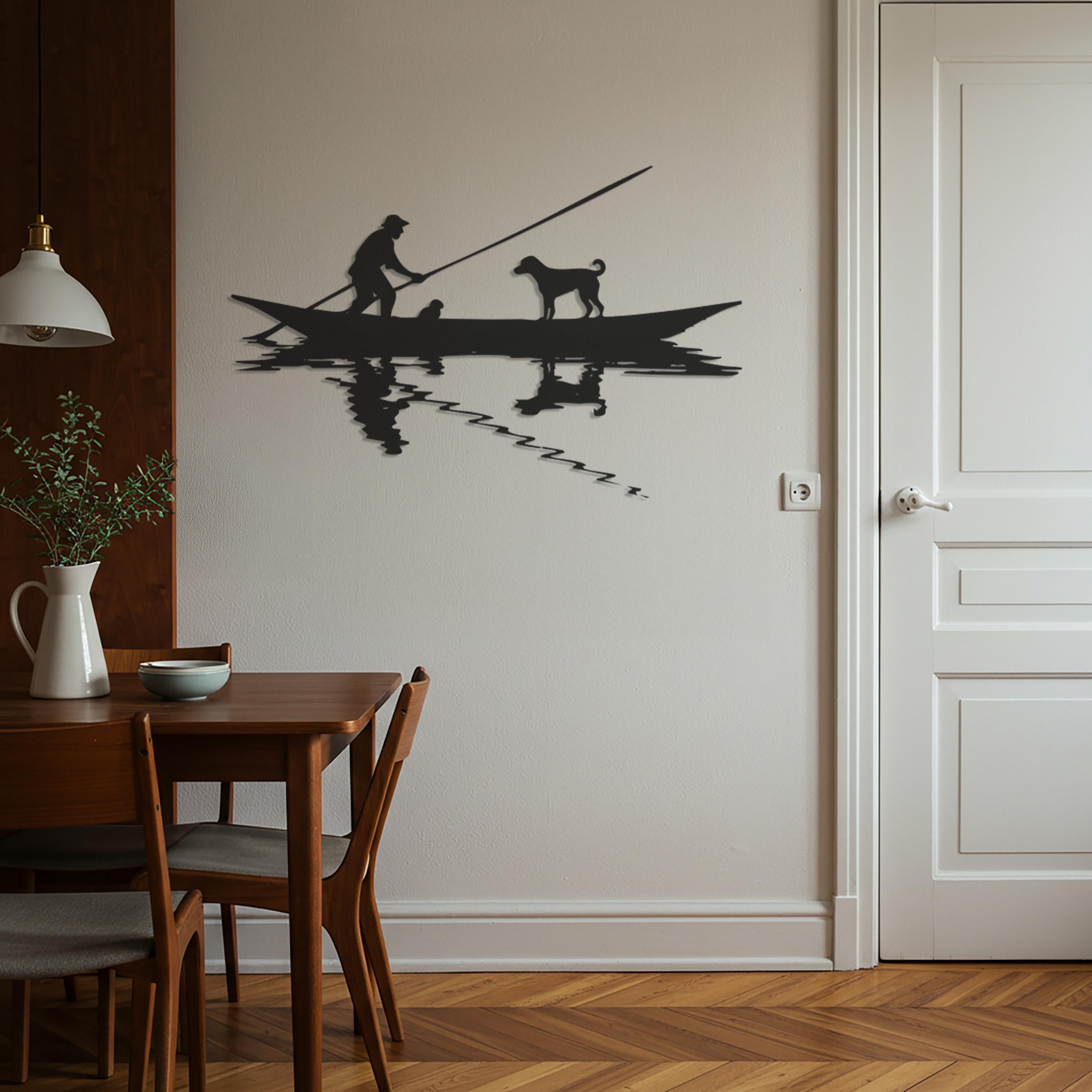 Metal Fishing Boat Wall Art – Fisherman and Dog Silhouette Decor
