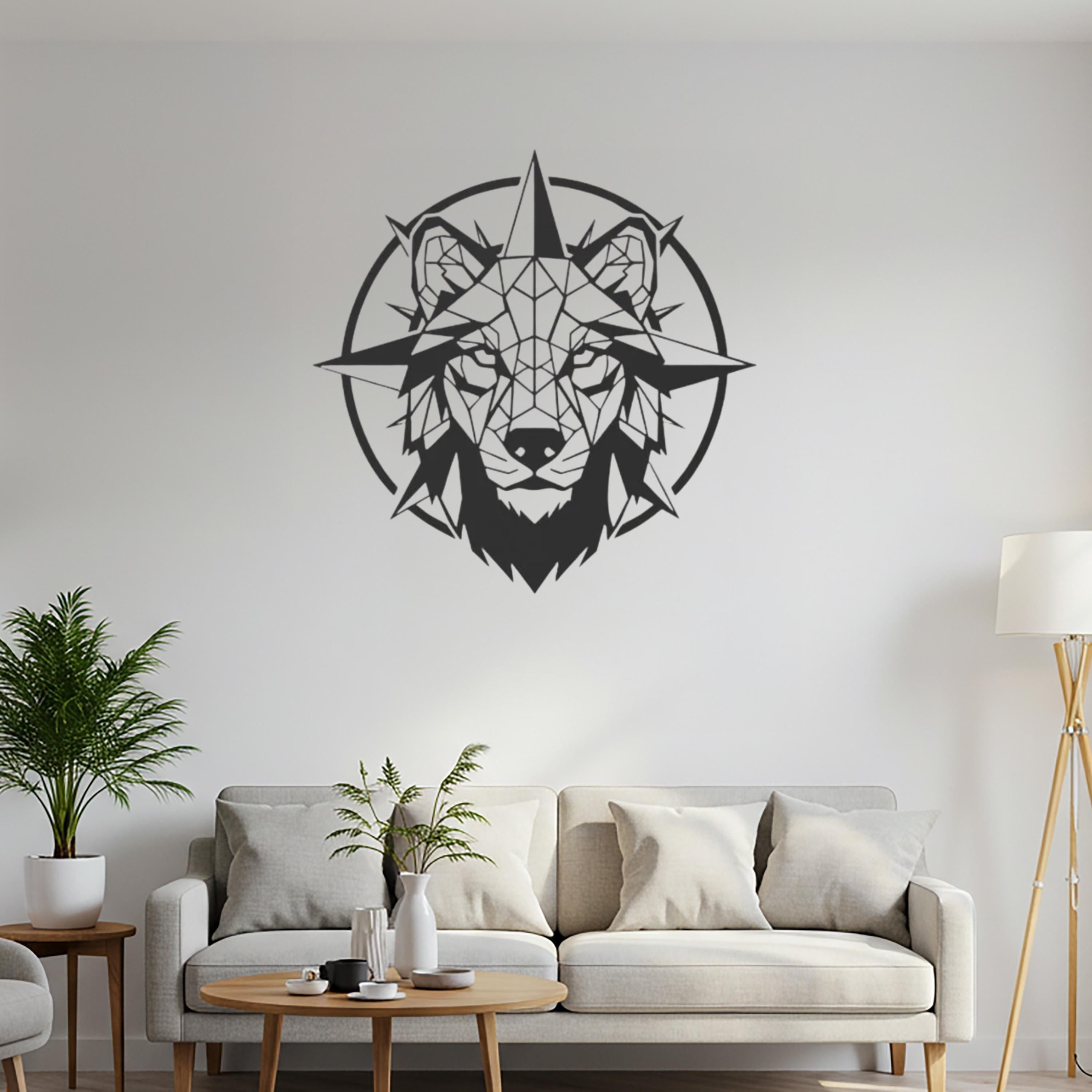 Geometric Wolf Metal Wall Art, Compass Nordic Decor, Modern Silhouette Beast
