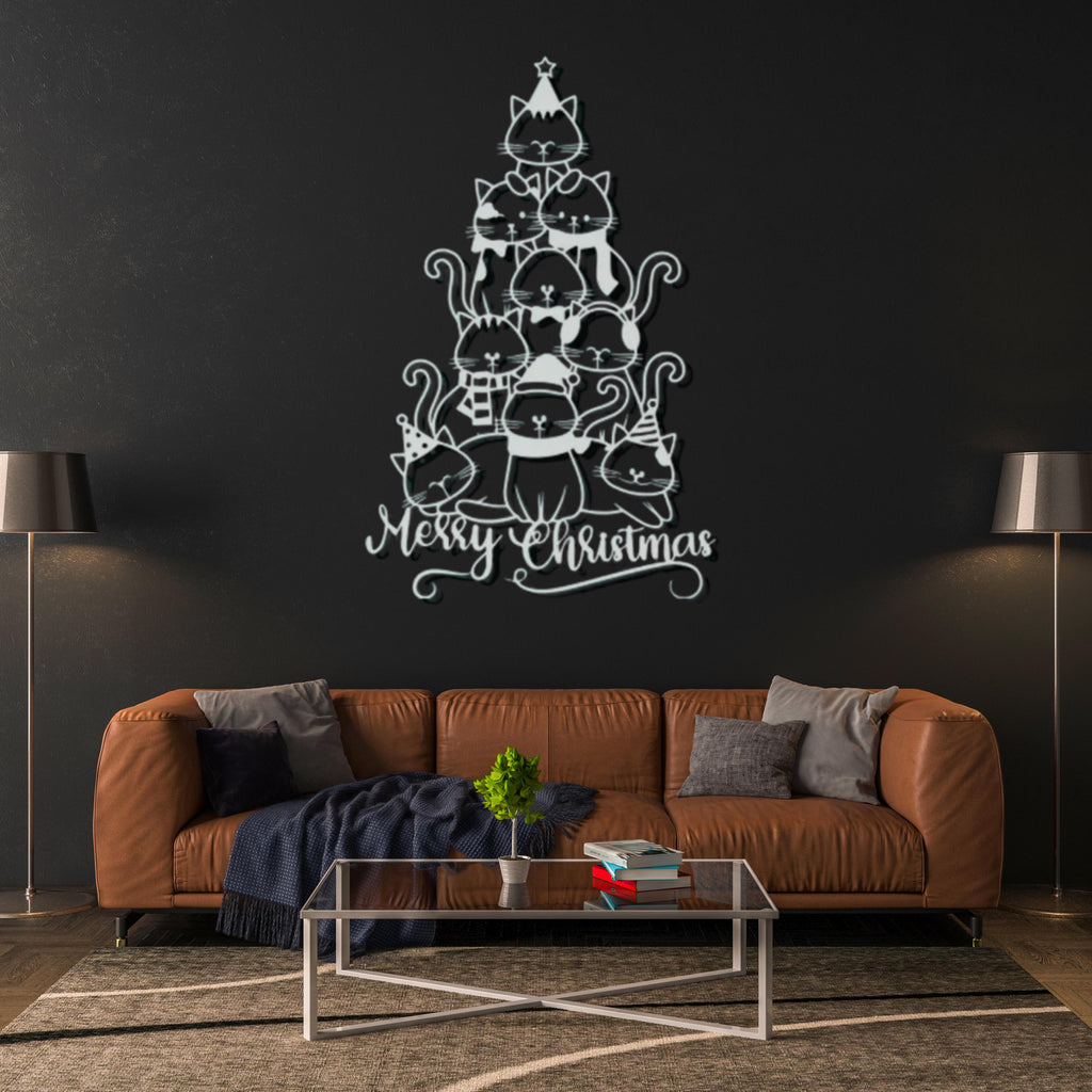 Merry Christmas Cat Tree Metal Wall Art
