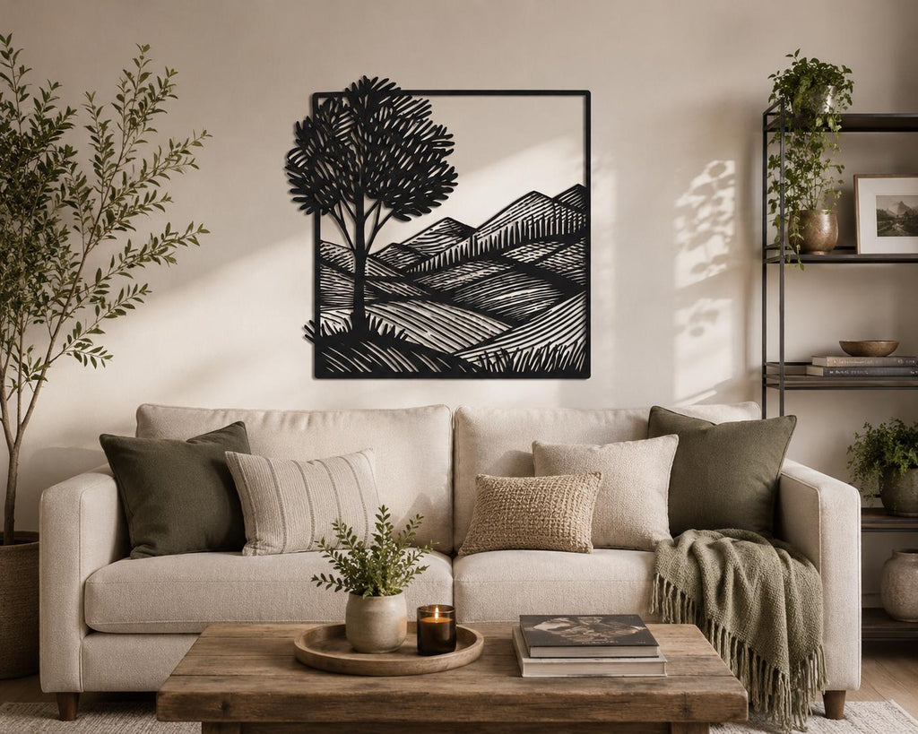Tree and Mountain Metal Wall Art, Framed Minimalist Landscape Sculpture