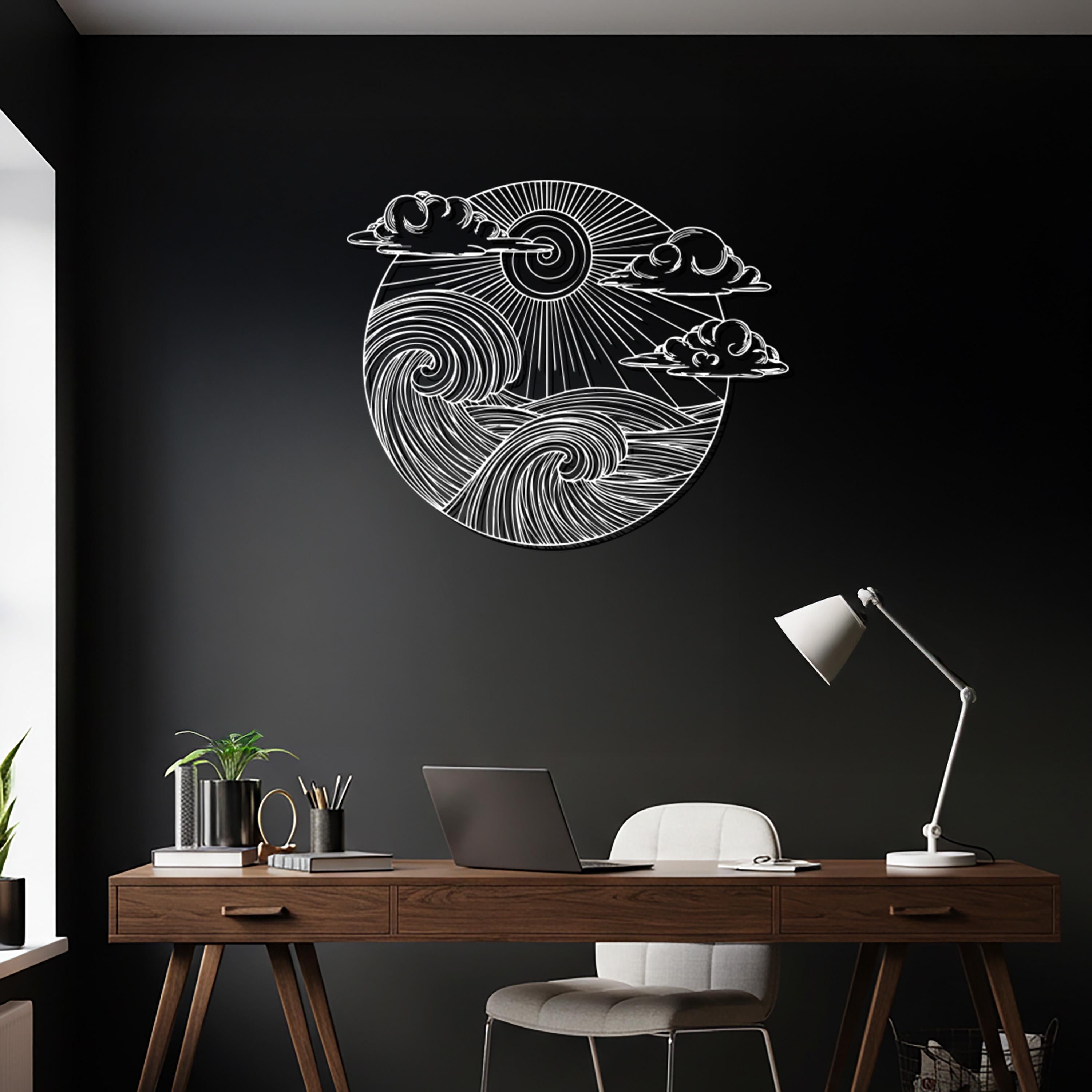 Ocean Waves & Sun Metal Wall Art, Round Seascape Sculpture