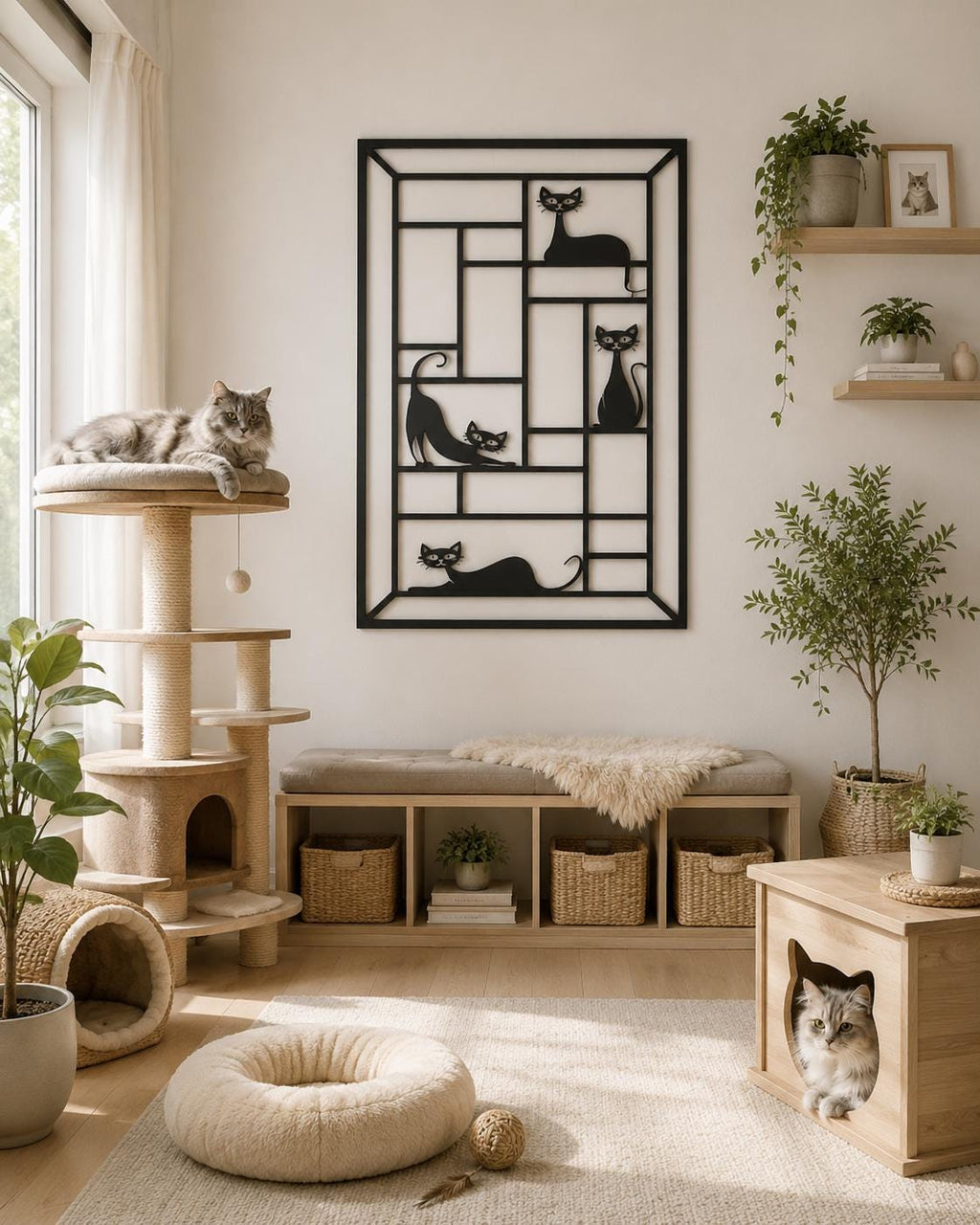 Geometric Cat Metal Wall Art – Modern Minimalist Design