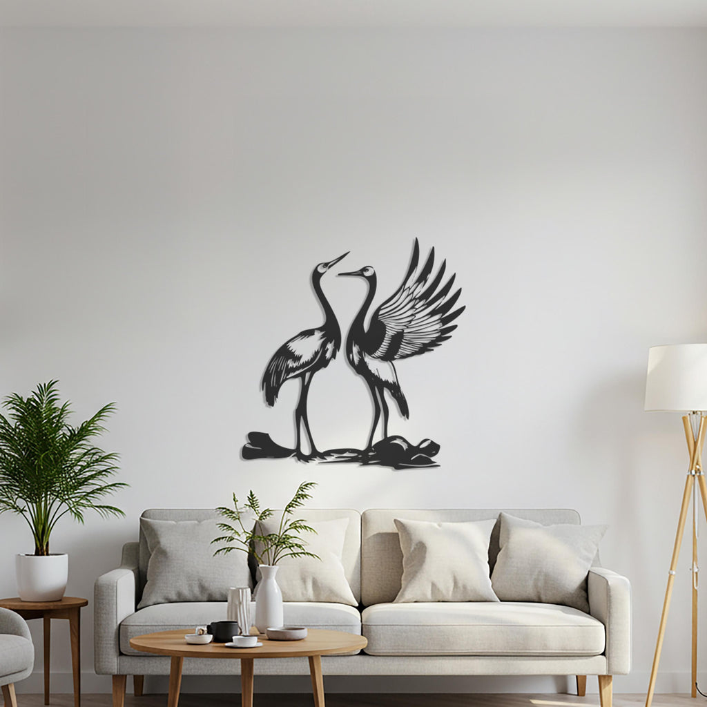 Couple Crane Bird Metal Wall Art, Elegant Nature Decor