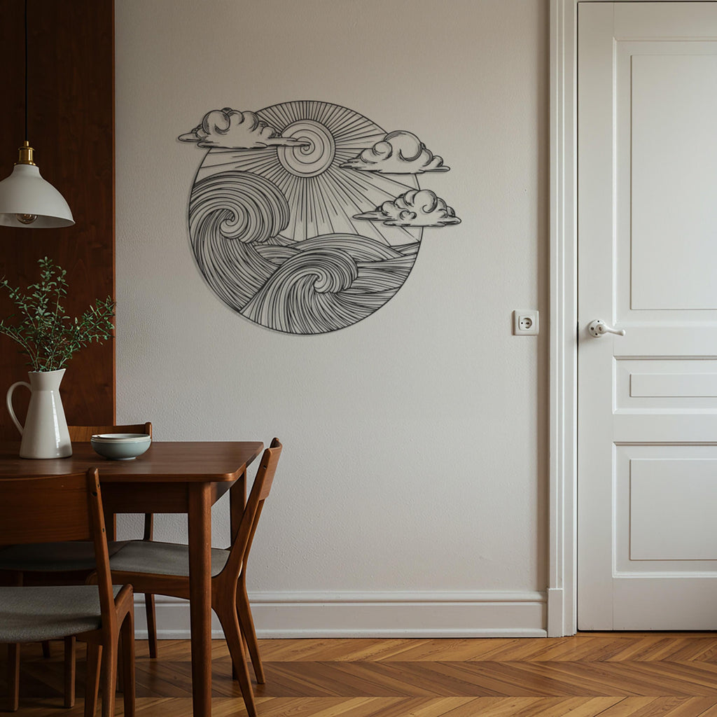 Ocean Waves & Sun Metal Wall Art, Round Seascape Sculpture