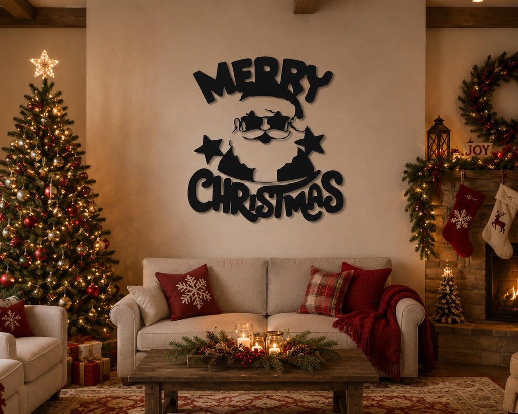 Merry Christmas Santa Metal Wall Art | Modern Santa Claus Holiday Decor