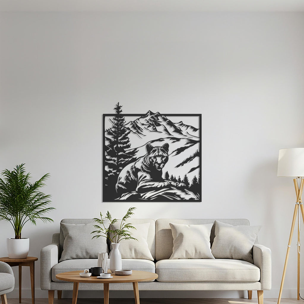 Mountain Cougar Metal Art, Wildlife Silhouette Decor, Rustic Cabin Wall Art