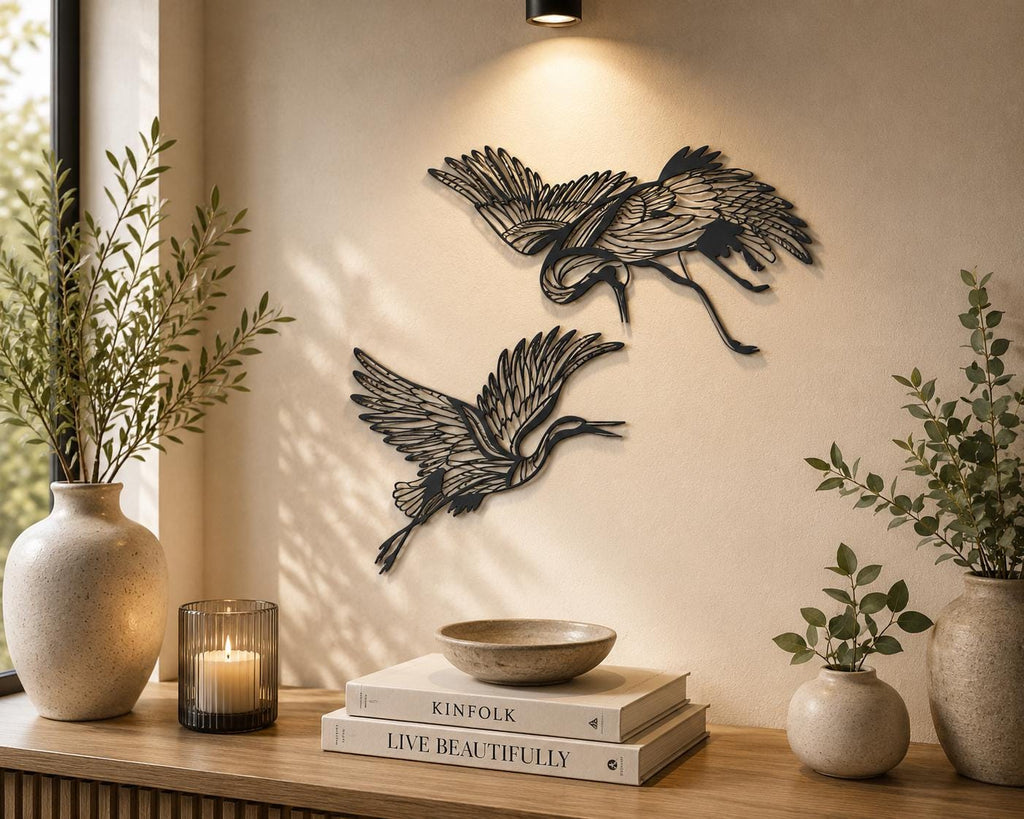Metal Flying Cranes Wall Art, Modern Bird Sculpture