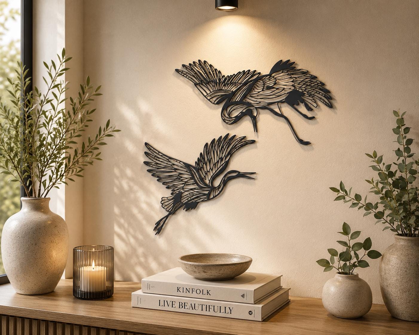 Metal Flying Cranes Wall Art, Modern Bird Sculpture