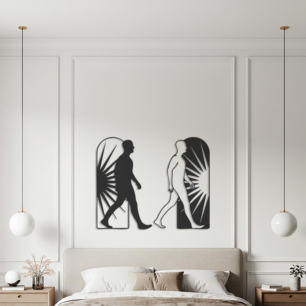 Minimalist Walking Figures Metal Wall Art – Sunburst Silhouette Decor
