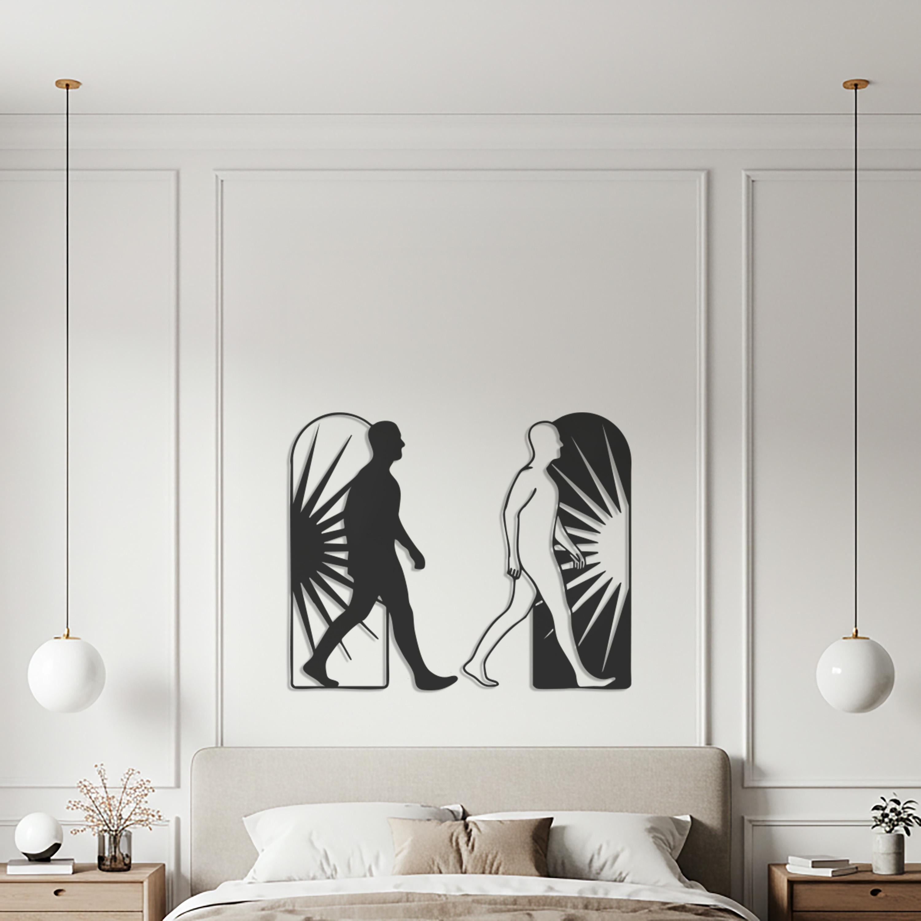 Minimalist Walking Figures Metal Wall Art – Sunburst Silhouette Decor