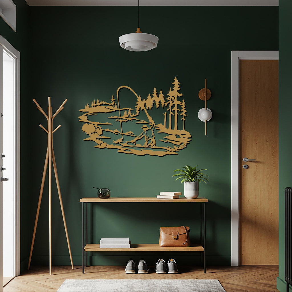 Fishing Metal Wall Art, Rustic Cabin Lake Scene Silhouette
