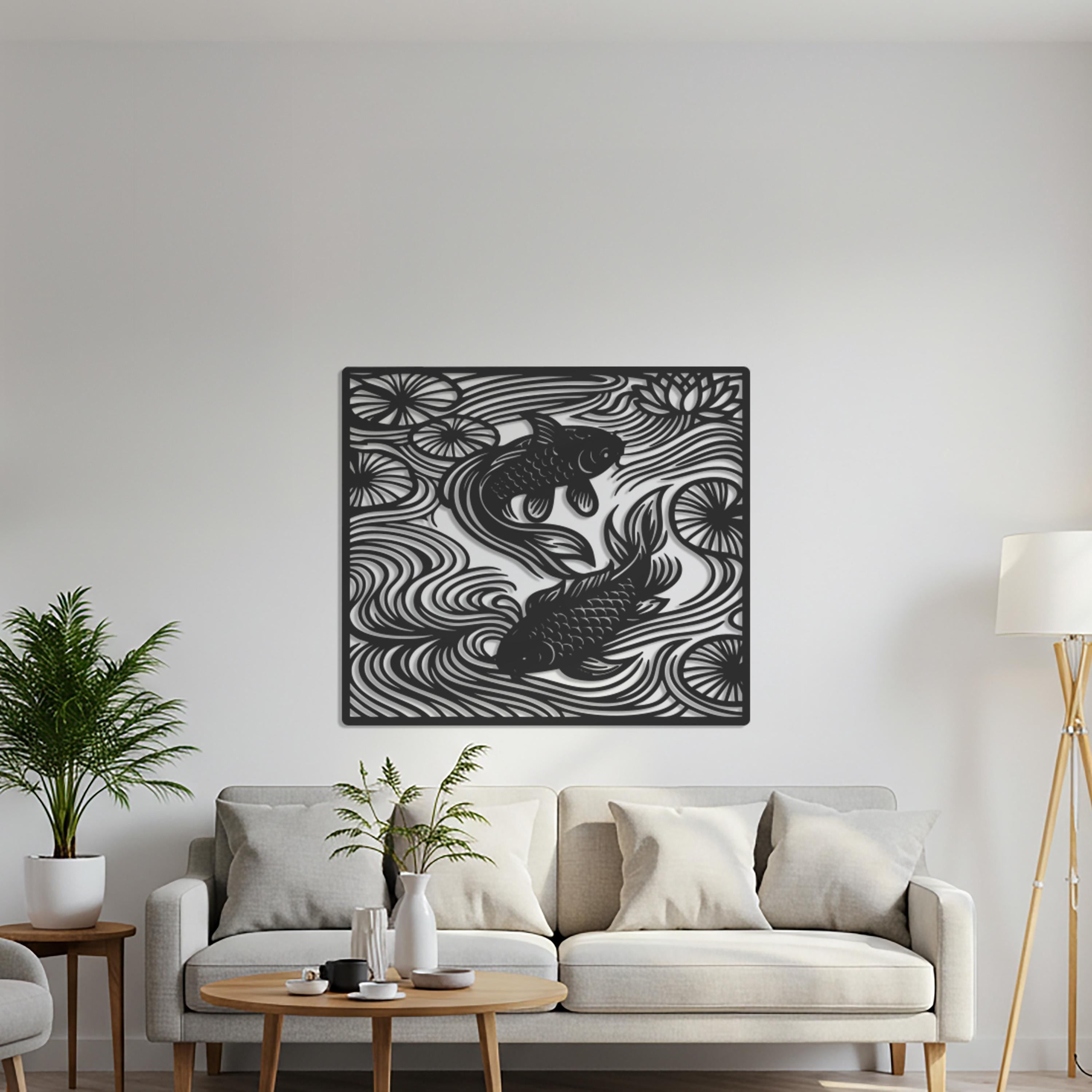 Koi Fish Metal Wall Art – Geometric Pond Design, Minimalist Decor