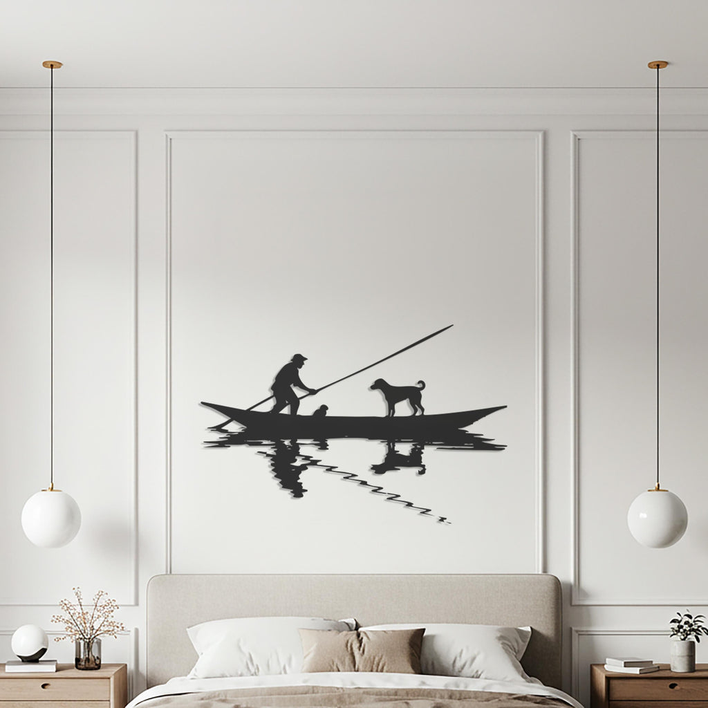 Metal Fishing Boat Wall Art – Fisherman and Dog Silhouette Decor
