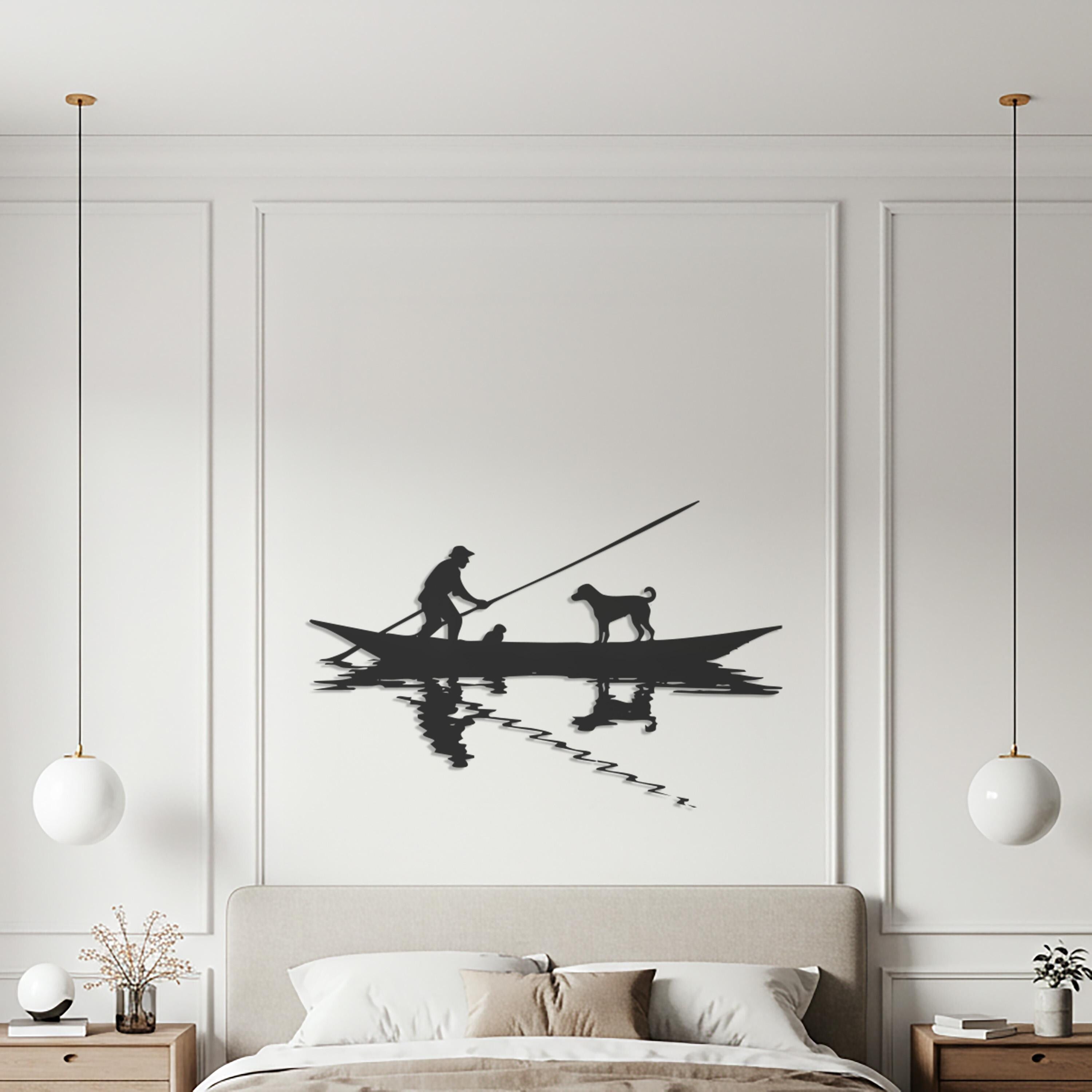Metal Fishing Boat Wall Art – Fisherman and Dog Silhouette Decor