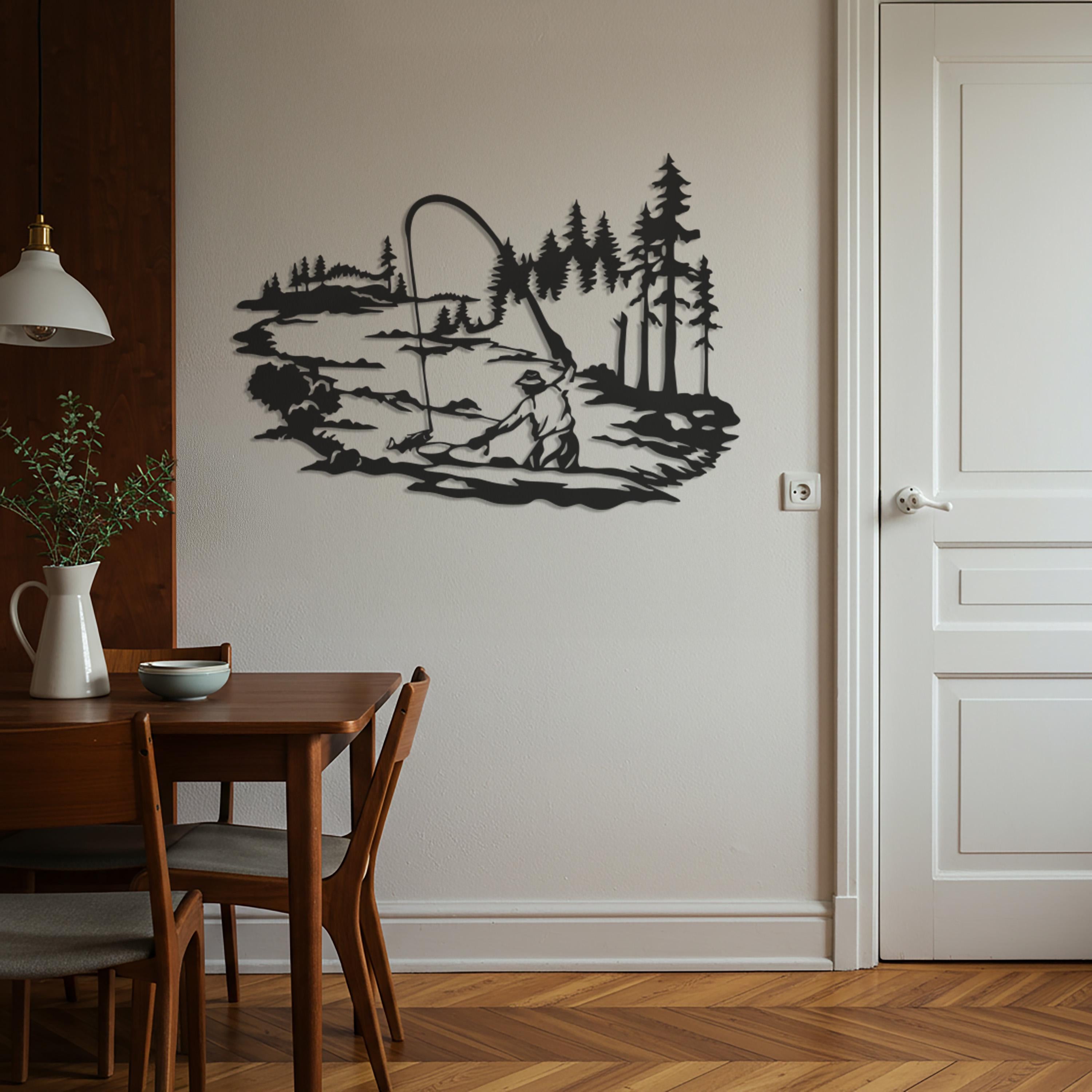 Fishing Metal Wall Art, Rustic Cabin Lake Scene Silhouette