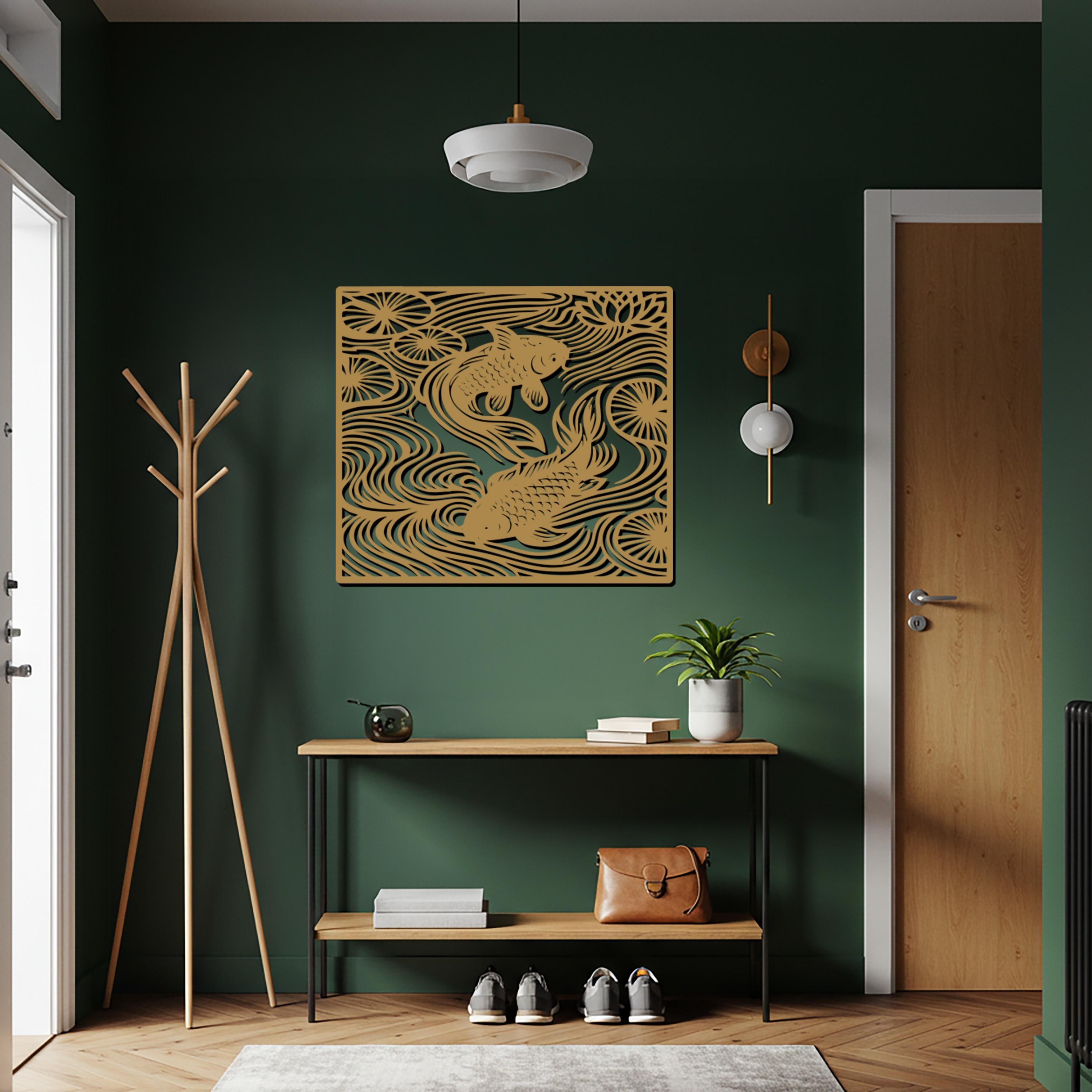 Koi Fish Metal Wall Art – Geometric Pond Design, Minimalist Decor