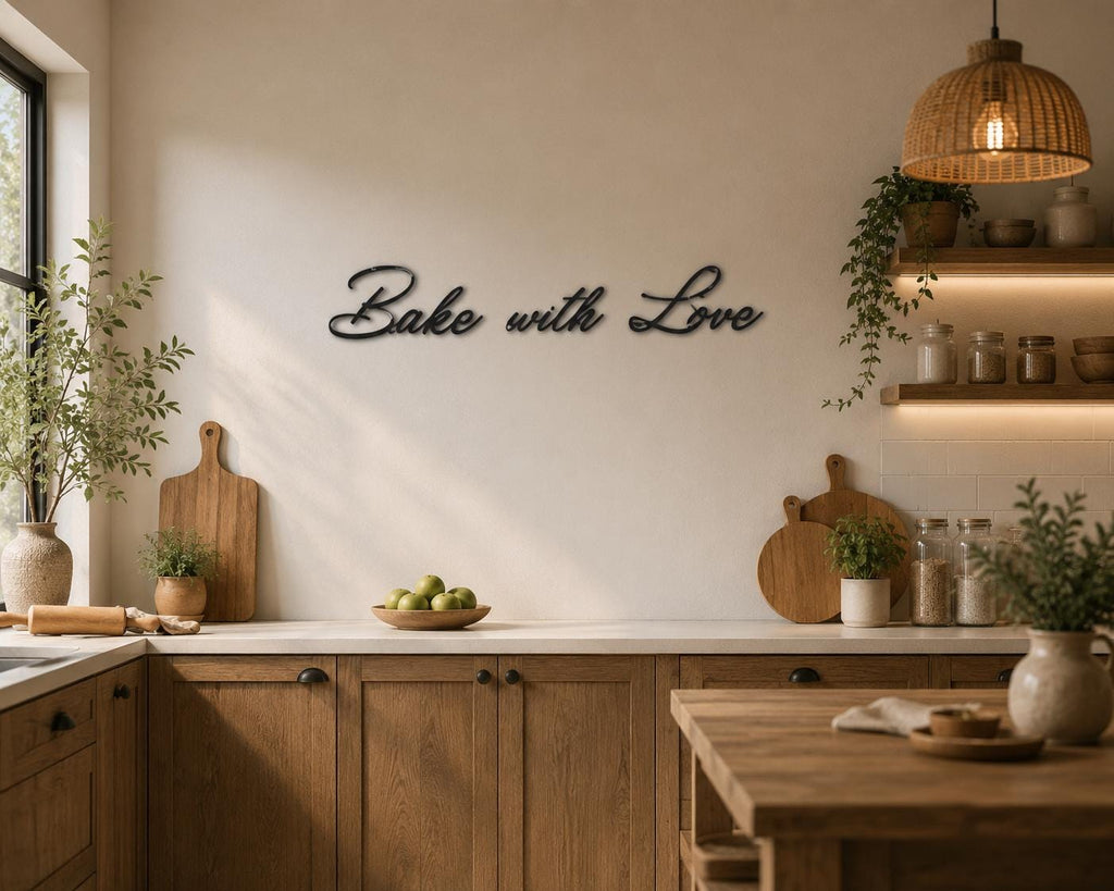 Bake with Love Metal Wall Art – Script Kitchen Decor