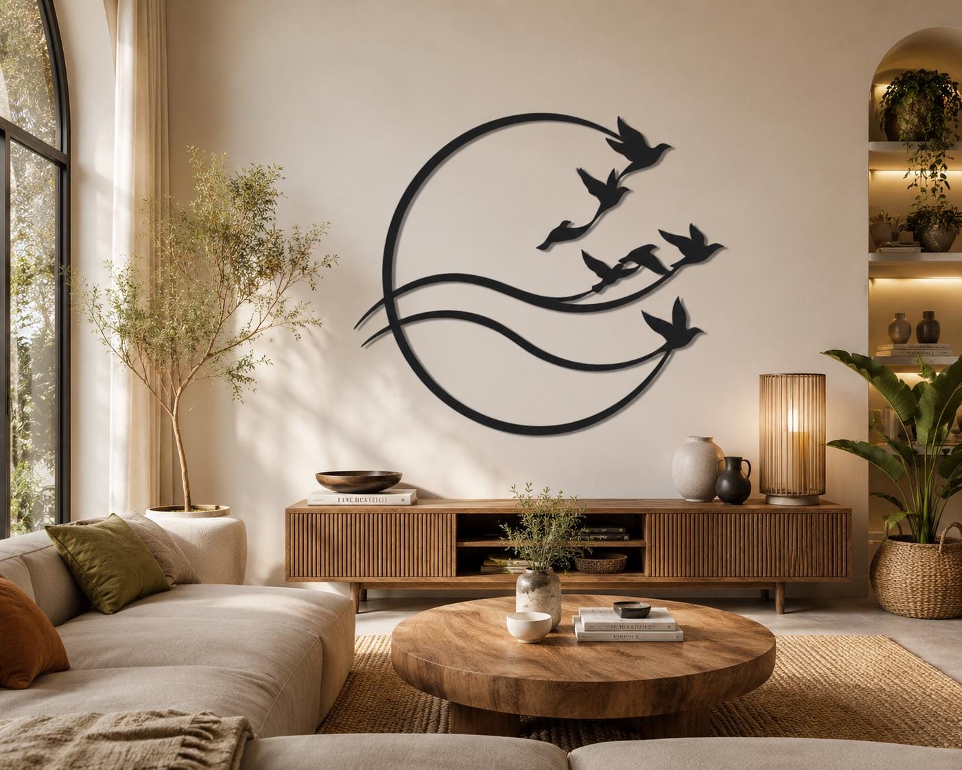 Flying Birds Metal Wall Art, Round Bird Wall Decor, Minimalist Nature Steel Wall Hanging, Modern Home Decor