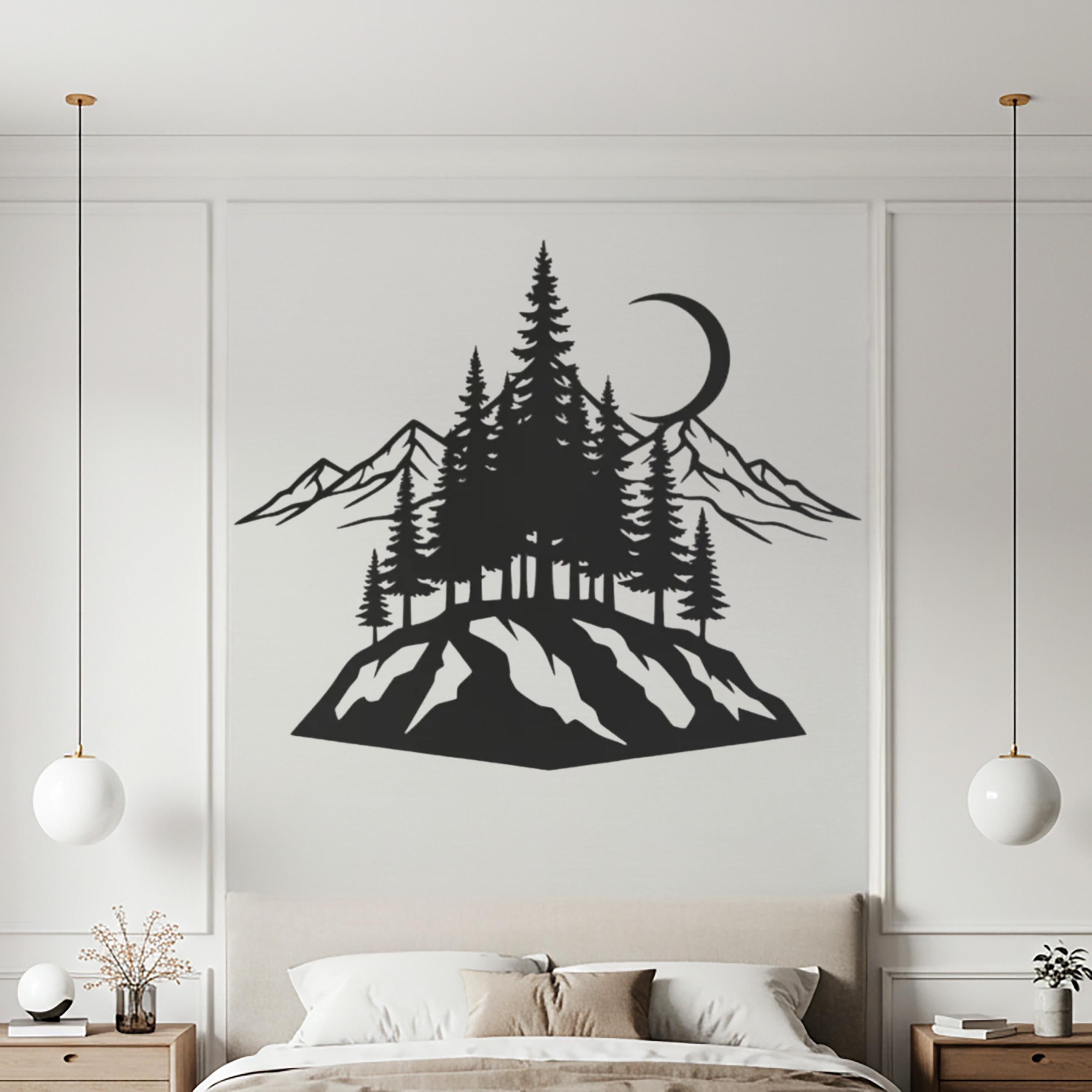 Metal Wall Art, Mountain Pine Tree Moon Decor, Nature Landscape Hanging