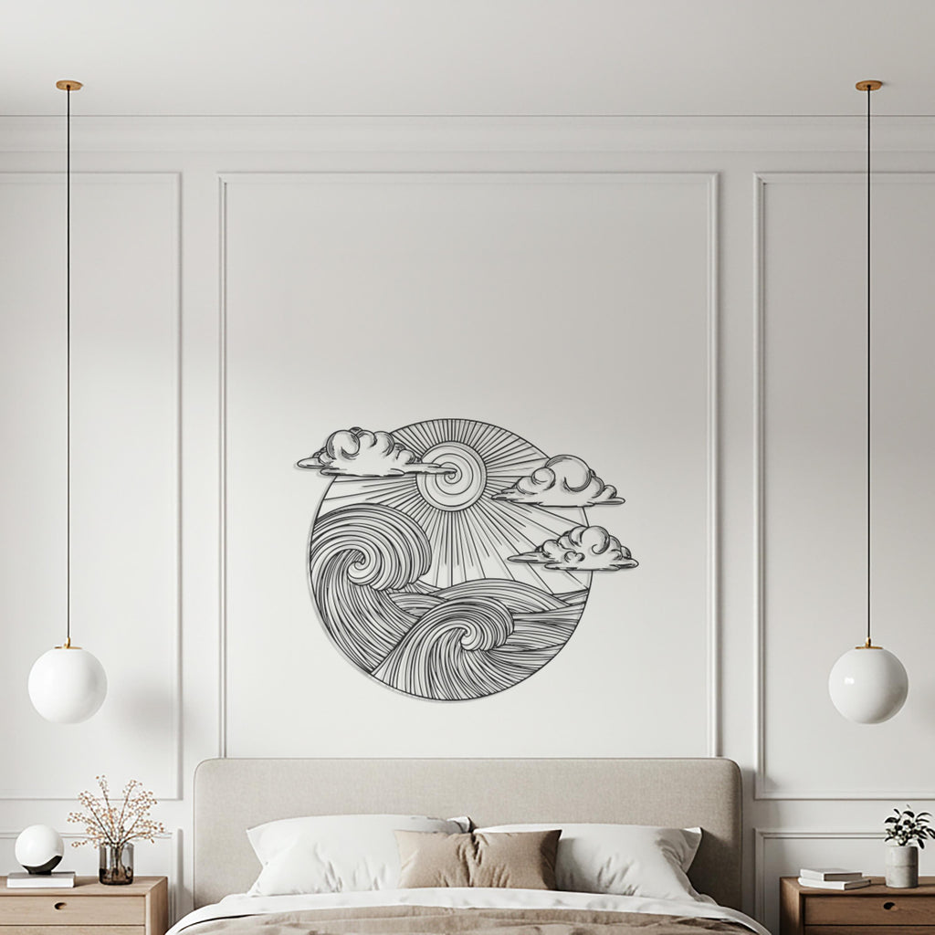 Ocean Waves & Sun Metal Wall Art, Round Seascape Sculpture