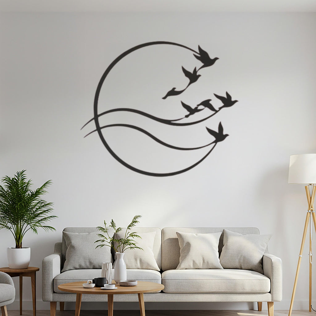 Flying Birds Metal Wall Art, Round Bird Wall Decor, Minimalist Nature Steel Wall Hanging, Modern Home Decor