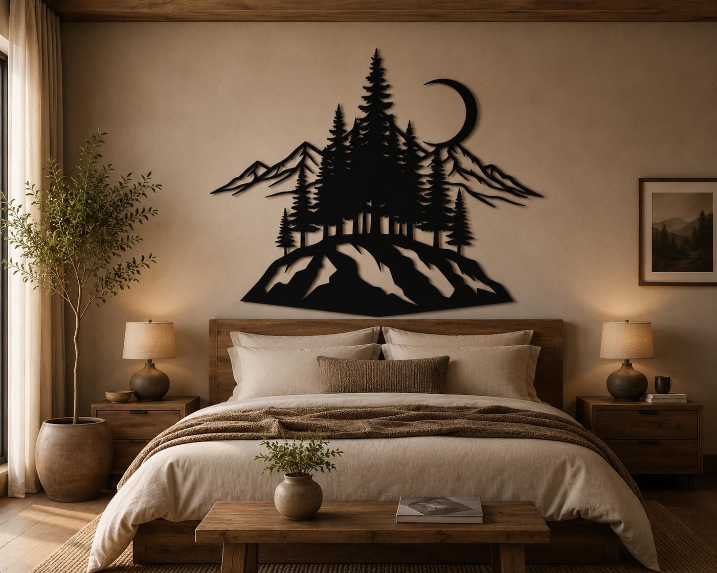Metal Wall Art, Mountain Pine Tree Moon Decor, Nature Landscape Hanging