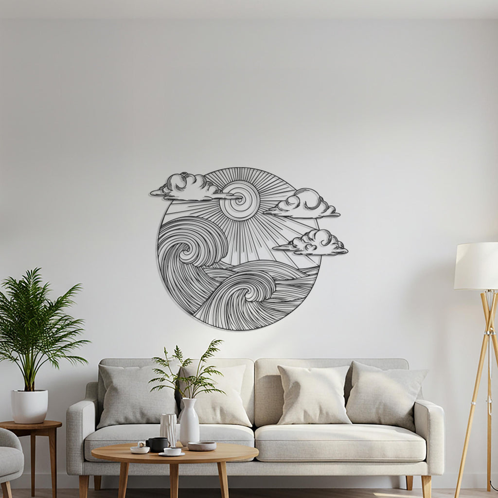 Ocean Waves & Sun Metal Wall Art, Round Seascape Sculpture