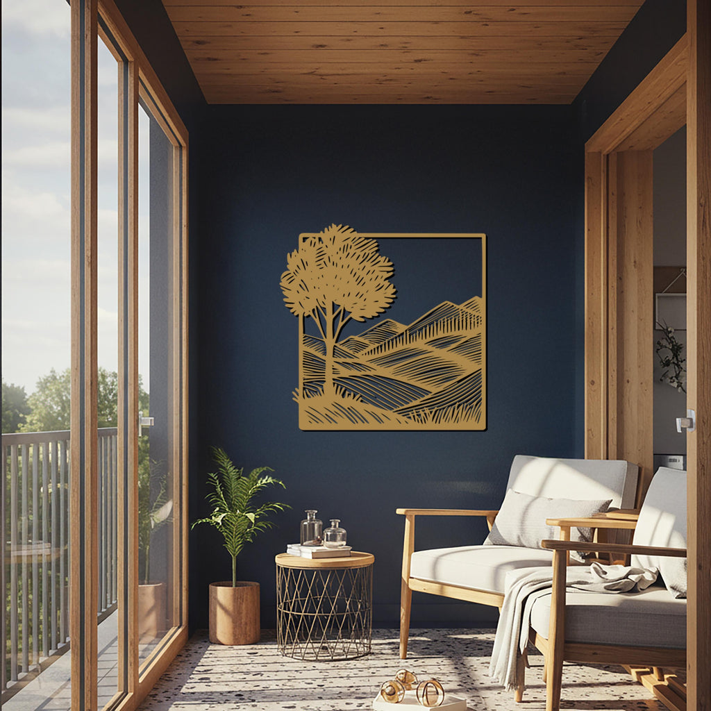 Tree and Mountain Metal Wall Art, Framed Minimalist Landscape Sculpture