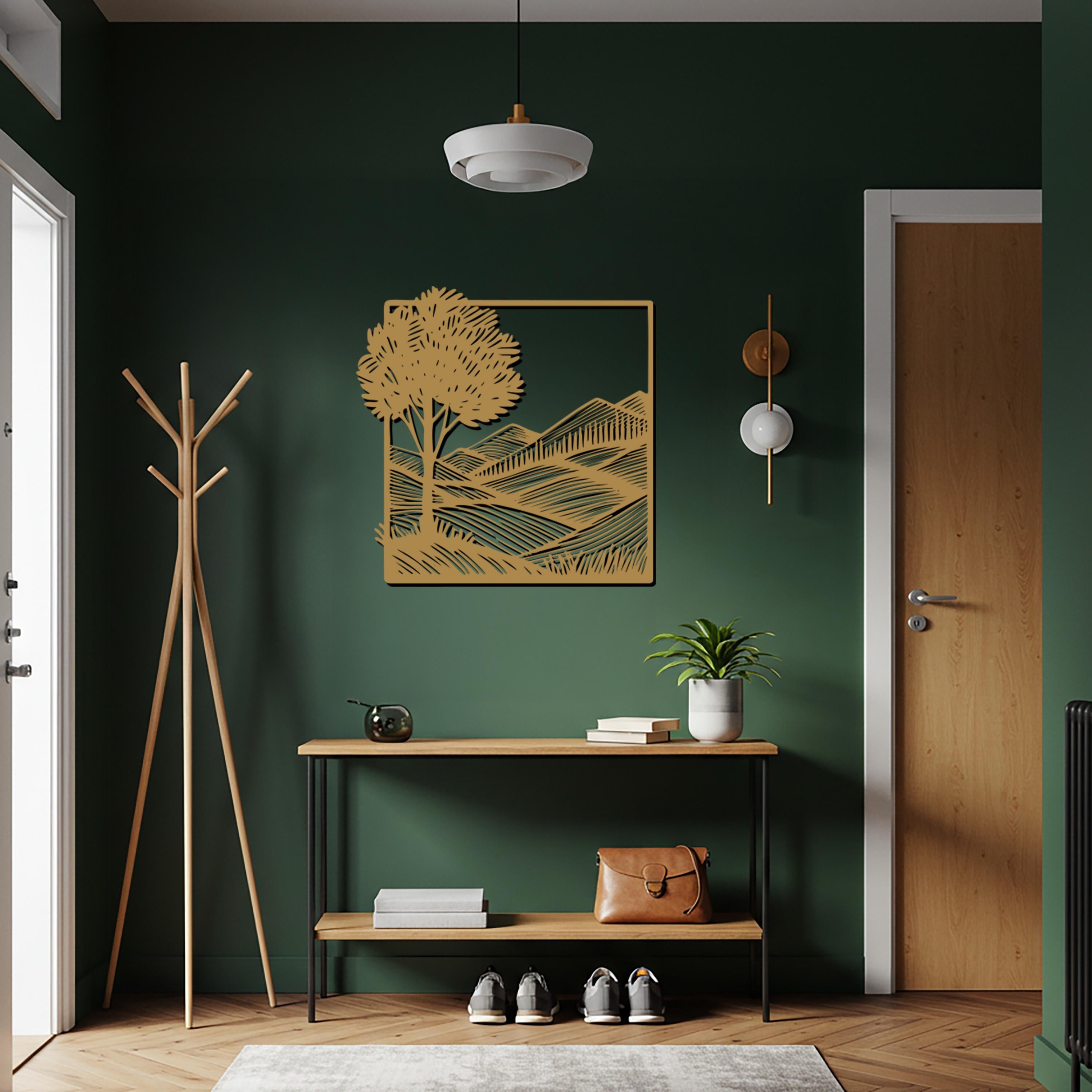 Tree and Mountain Metal Wall Art, Framed Minimalist Landscape Sculpture