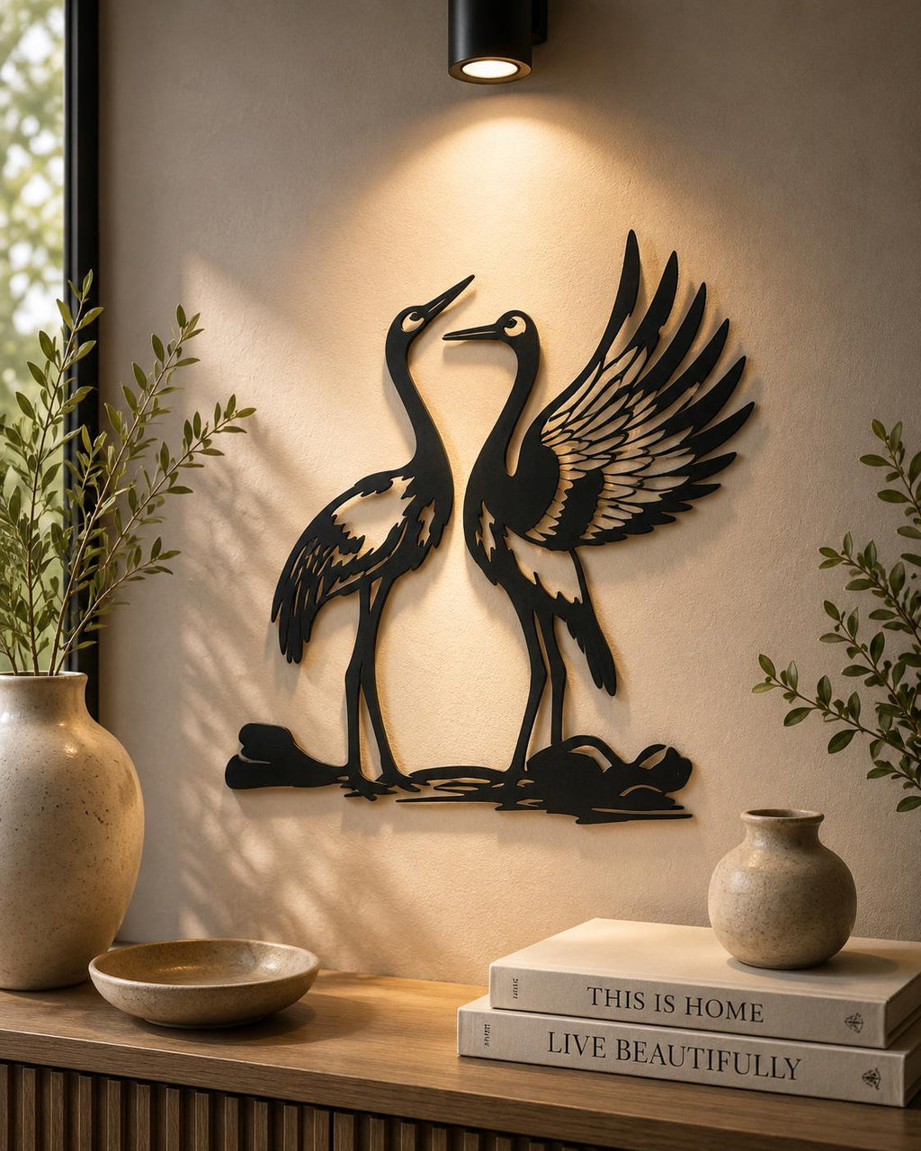 Couple Crane Bird Metal Wall Art, Elegant Nature Decor