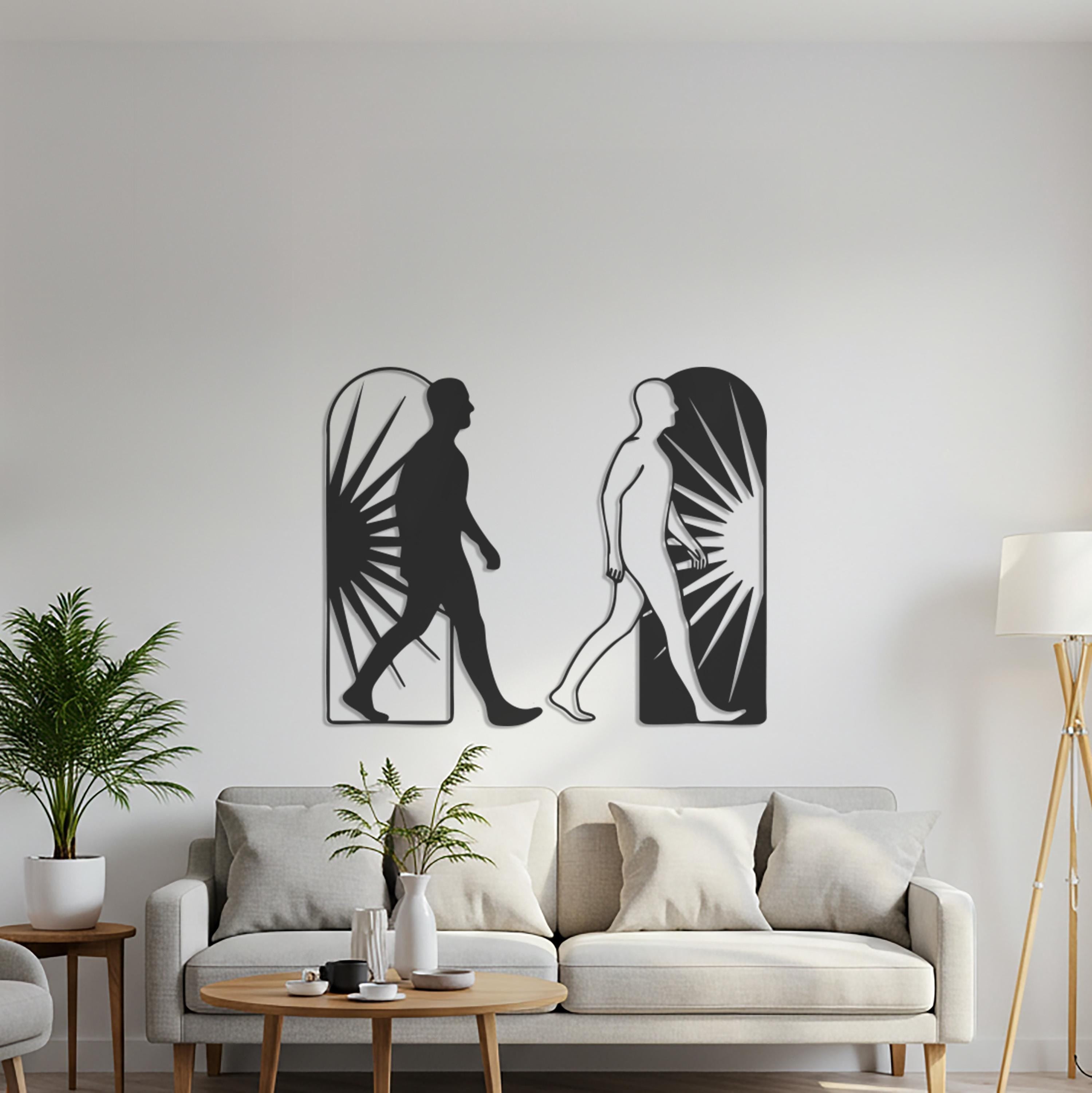Minimalist Walking Figures Metal Wall Art – Sunburst Silhouette Decor