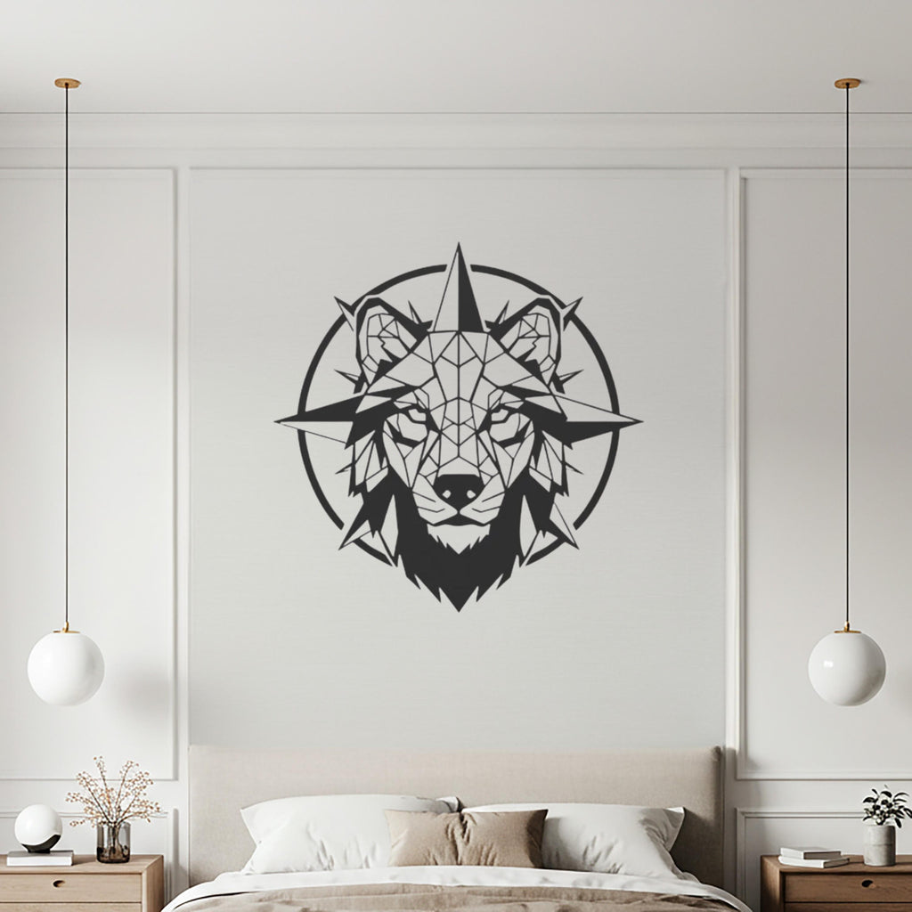 Geometric Wolf Metal Wall Art, Compass Nordic Decor, Modern Silhouette Beast