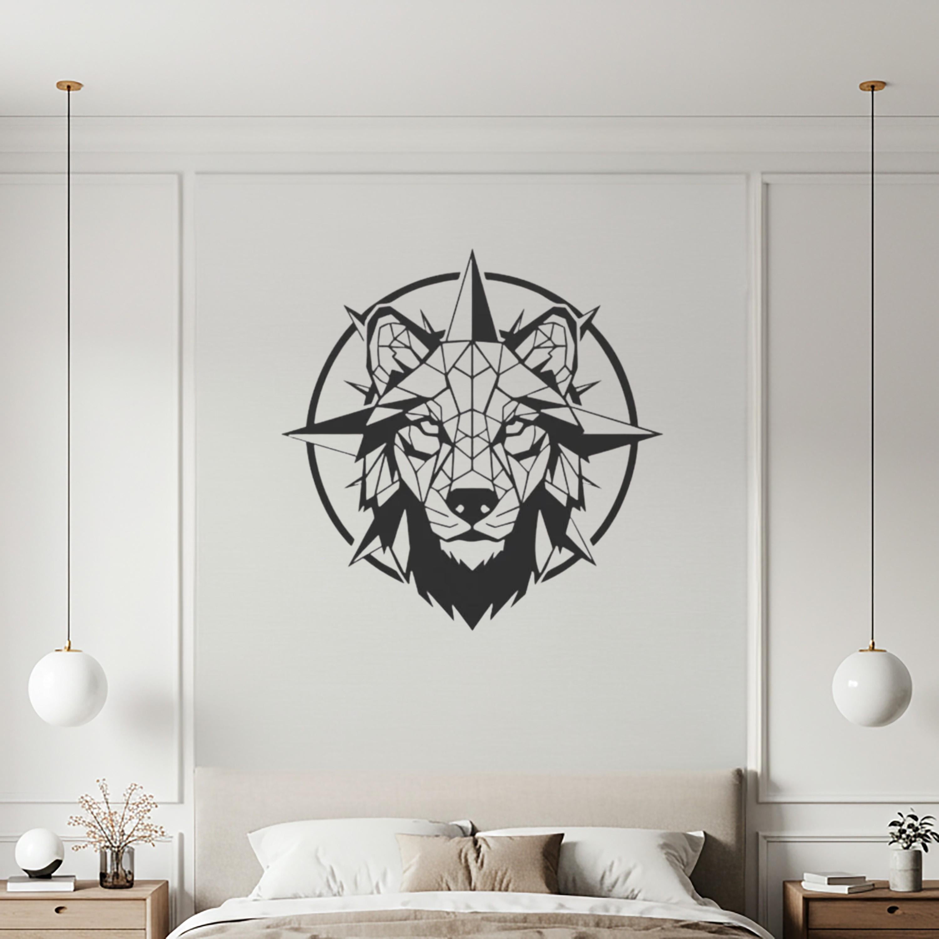 Geometric Wolf Metal Wall Art, Compass Nordic Decor, Modern Silhouette Beast