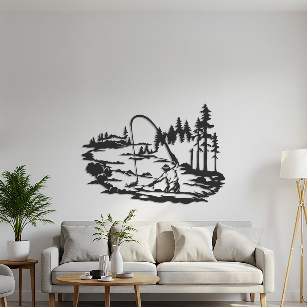 Fishing Metal Wall Art, Rustic Cabin Lake Scene Silhouette