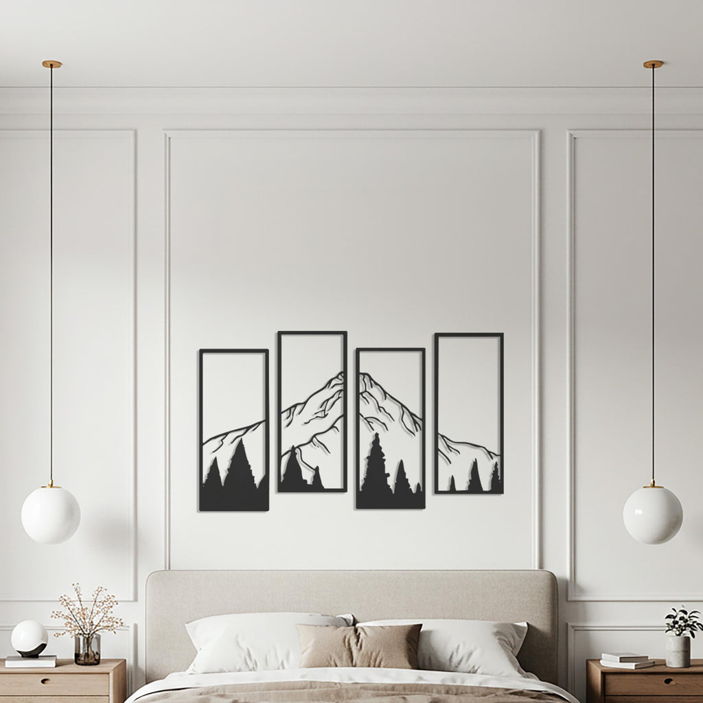 Mountain Metal Wall Art, Geometric Forest Decor, 4 Panel Set