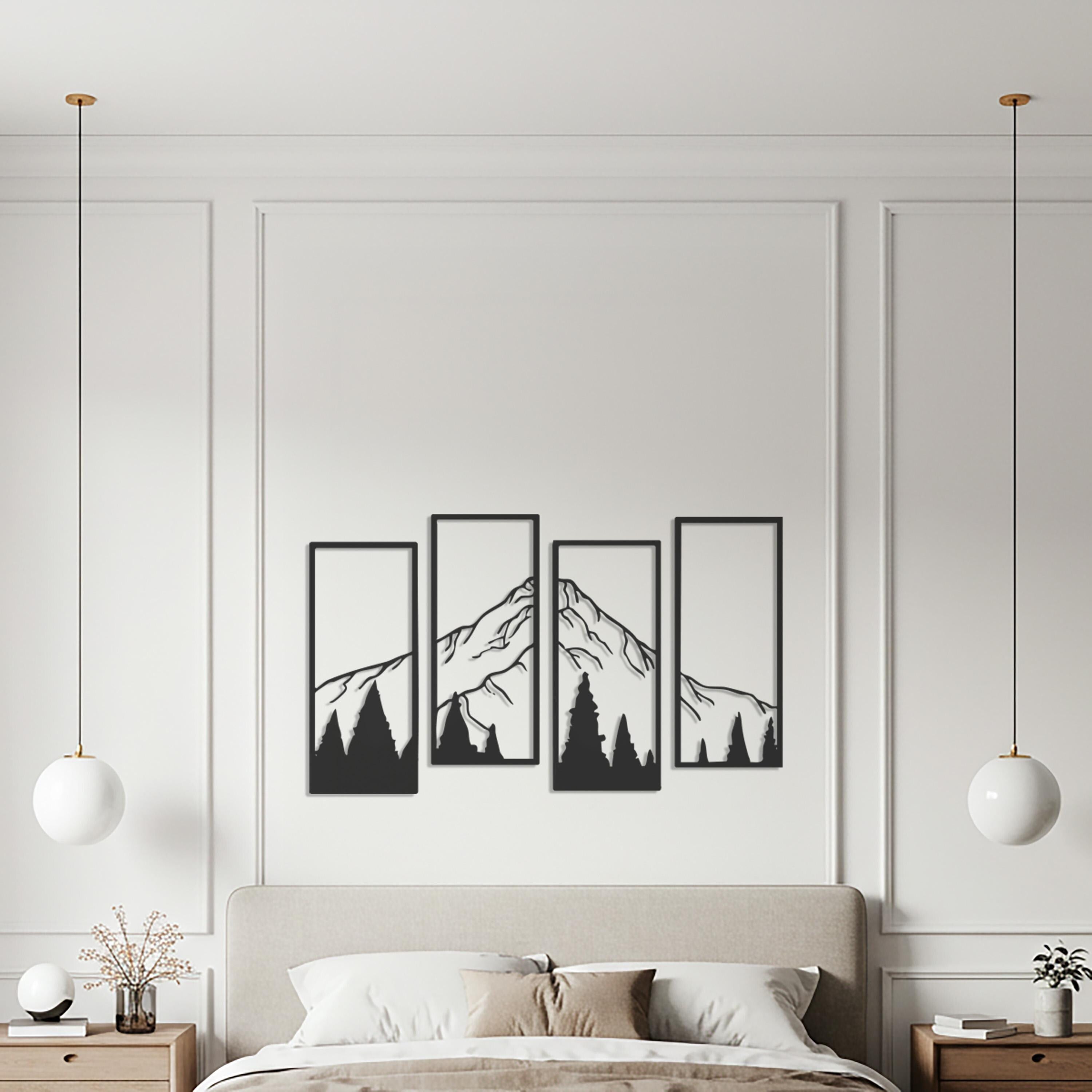 Mountain Metal Wall Art, Geometric Forest Decor, 4 Panel Set