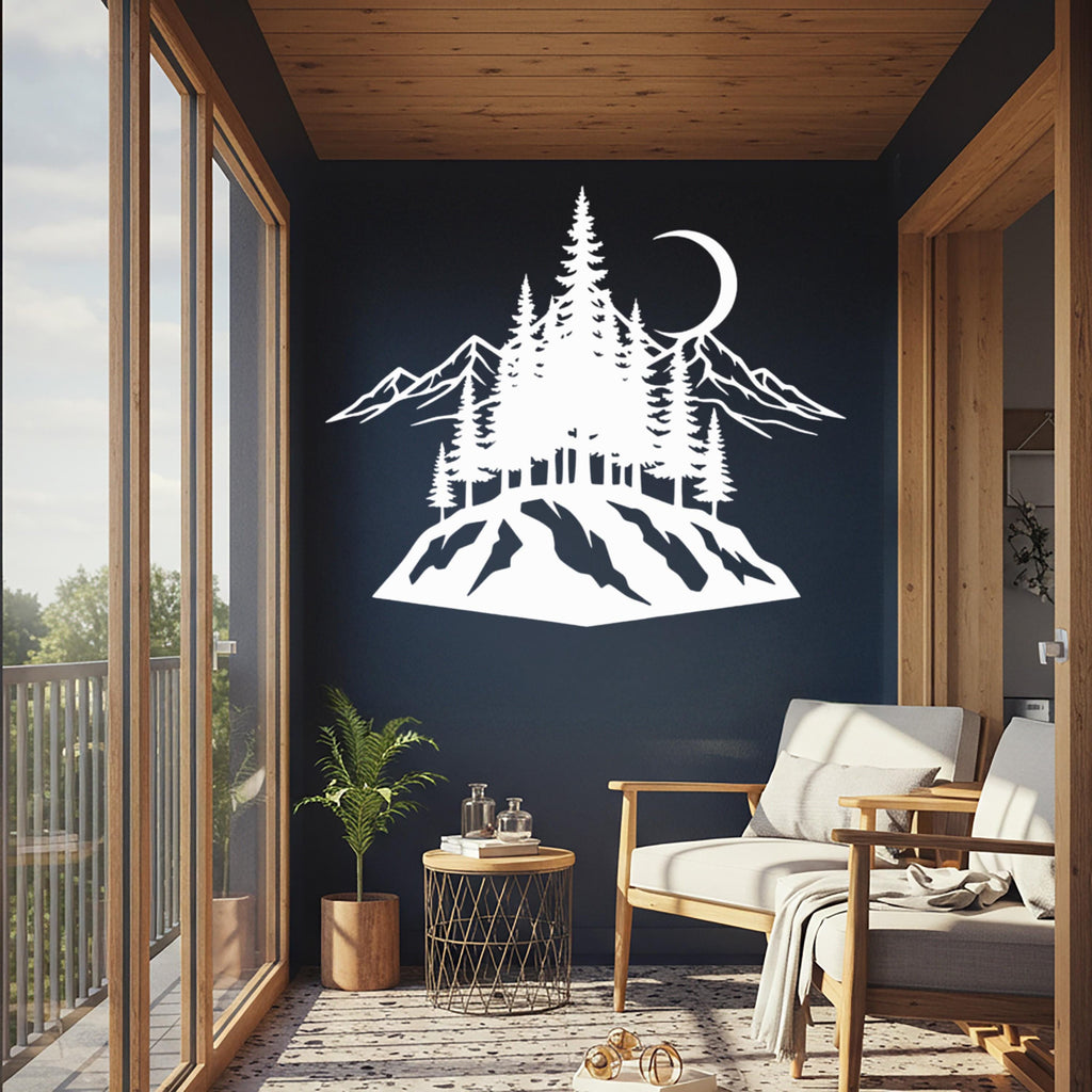 Metal Wall Art, Mountain Pine Tree Moon Decor, Nature Landscape Hanging