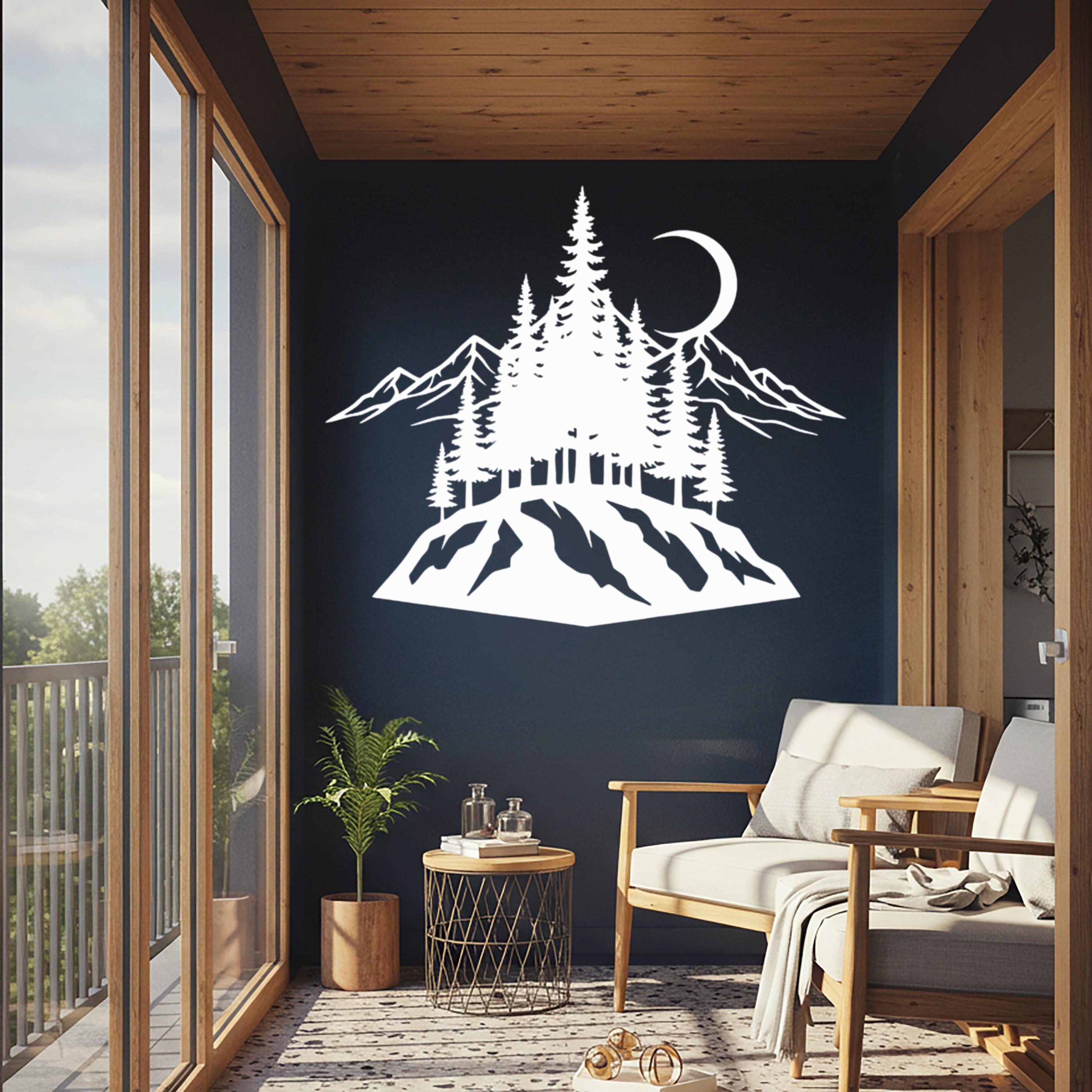 Metal Wall Art, Mountain Pine Tree Moon Decor, Nature Landscape Hanging