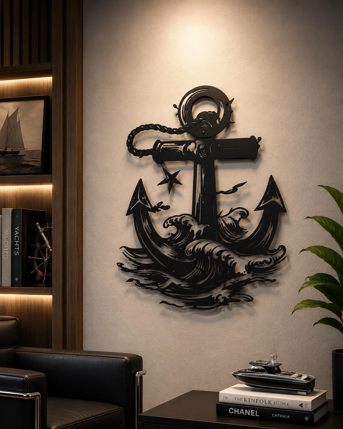 Metal Anchor Wall Art, Nautical Waves Decor, Maritime Artwork