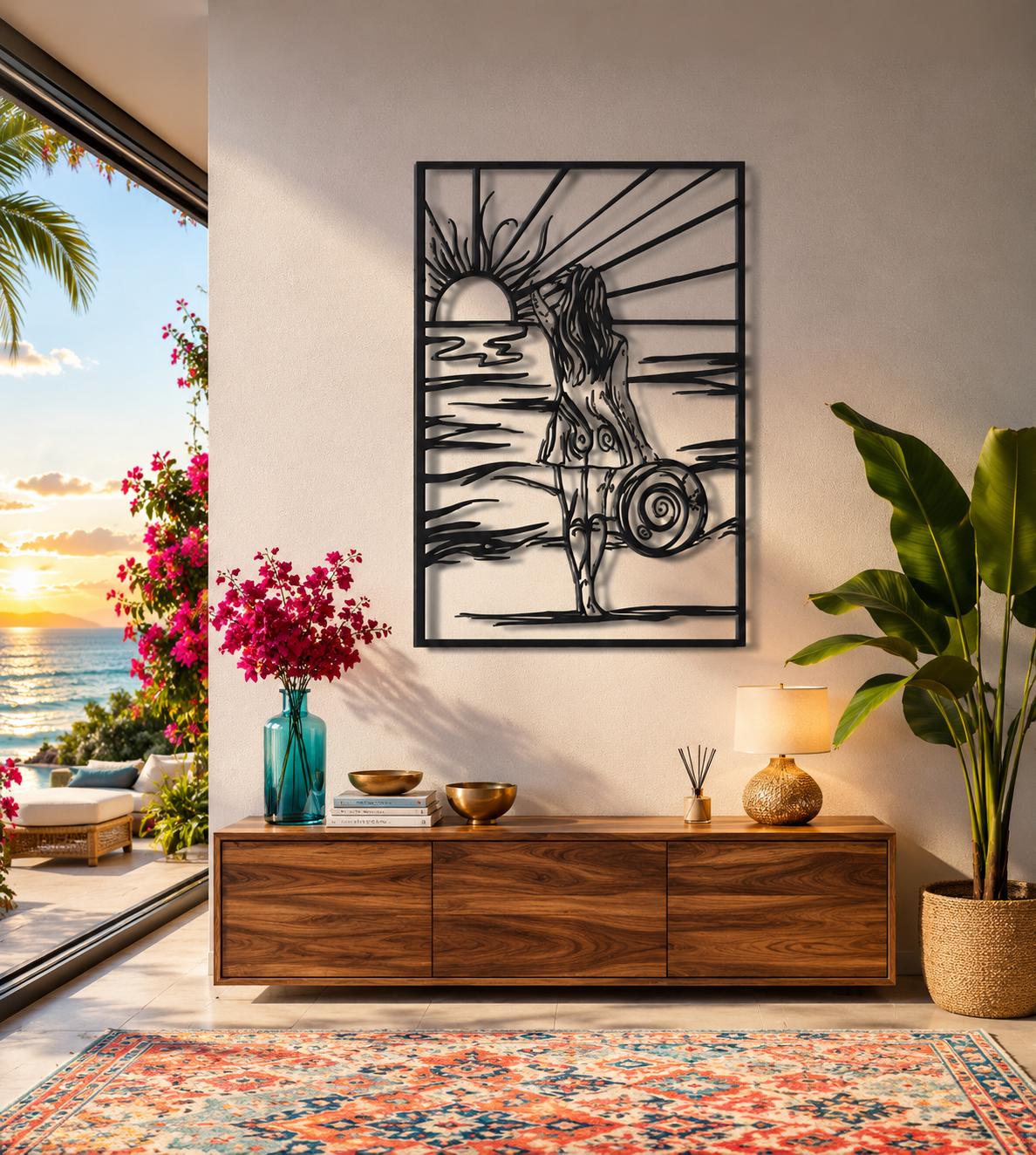 Beach Woman Metal Wall Art, Sunset Ocean Line Art