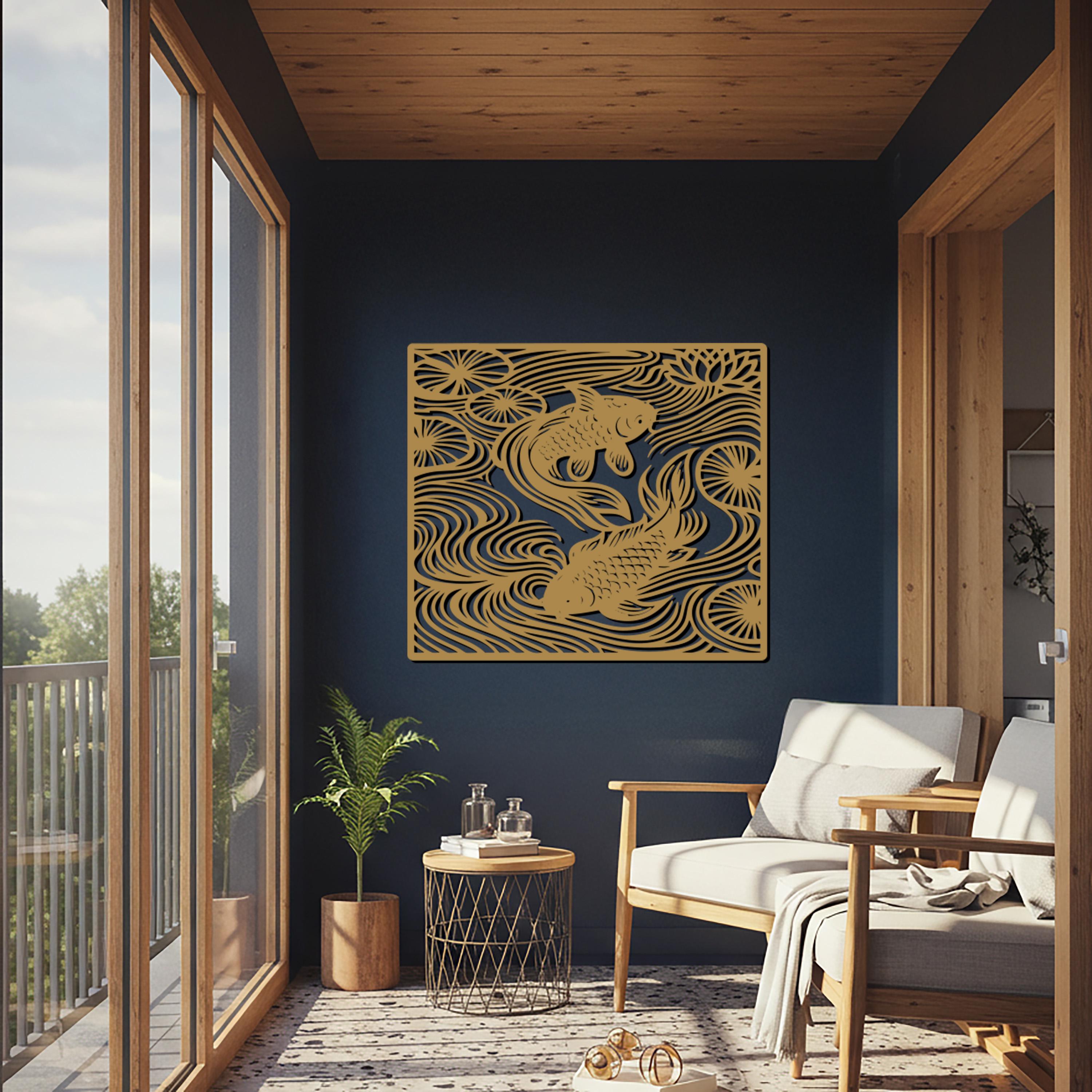 Koi Fish Metal Wall Art – Geometric Pond Design, Minimalist Decor