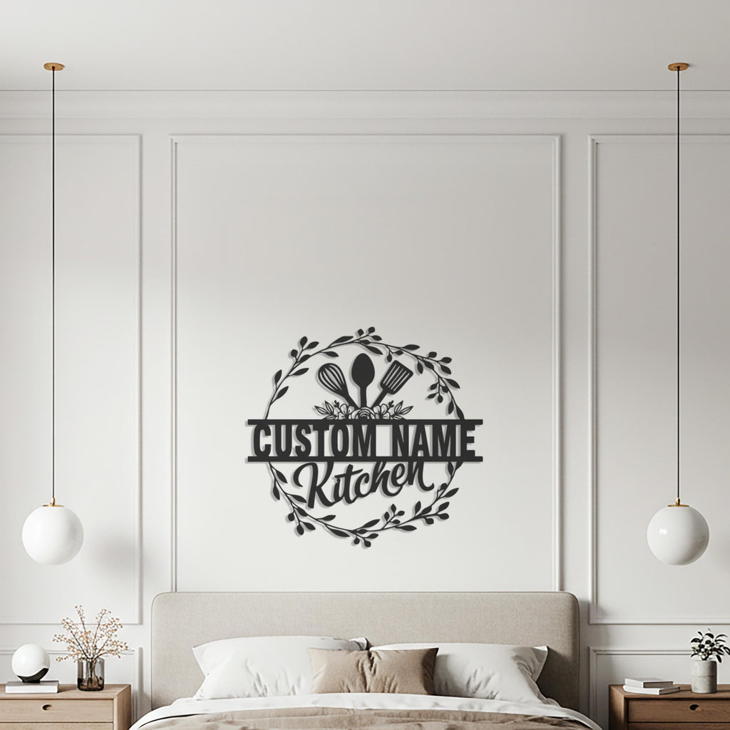 Custom Kitchen Metal Wall Art, Personalized Utensil Wreath Decor