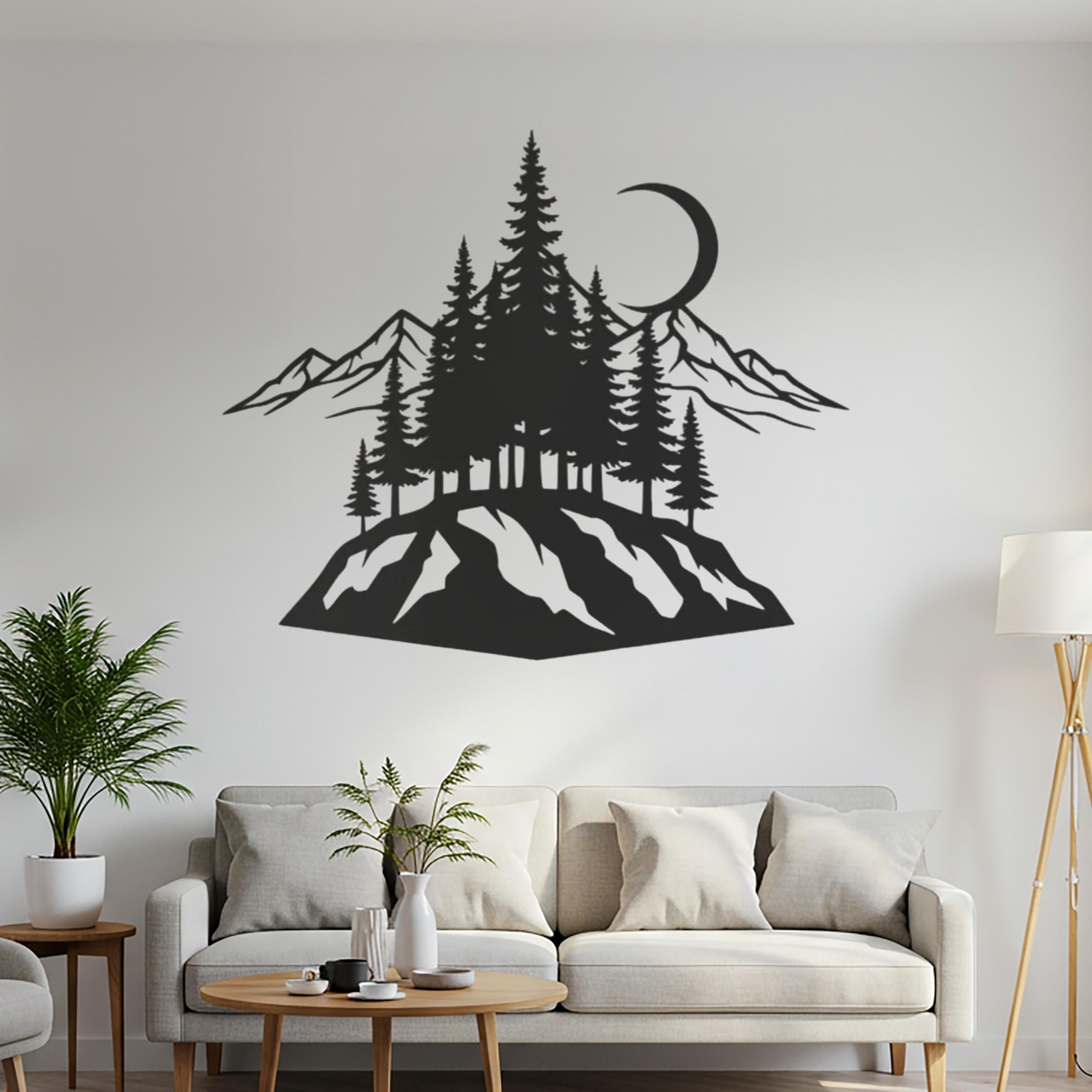 Metal Wall Art, Mountain Pine Tree Moon Decor, Nature Landscape Hanging