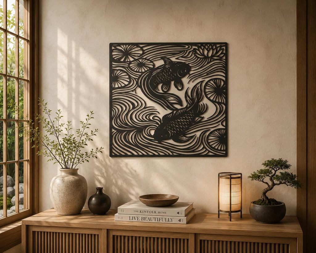 Koi Fish Metal Wall Art – Geometric Pond Design, Minimalist Decor