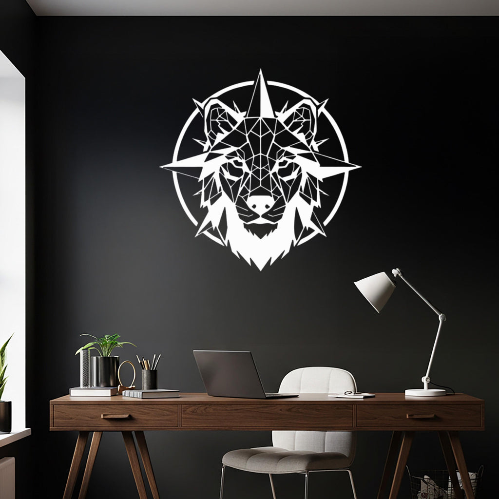 Geometric Wolf Metal Wall Art, Compass Nordic Decor, Modern Silhouette Beast