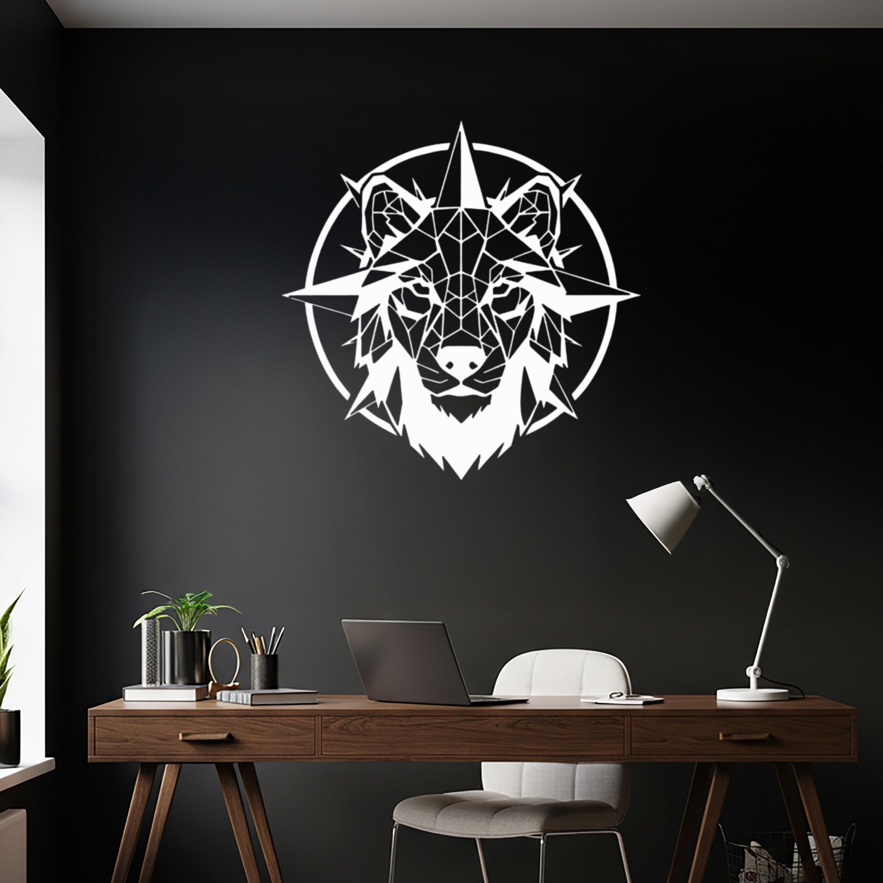 Geometric Wolf Metal Wall Art, Compass Nordic Decor, Modern Silhouette Beast