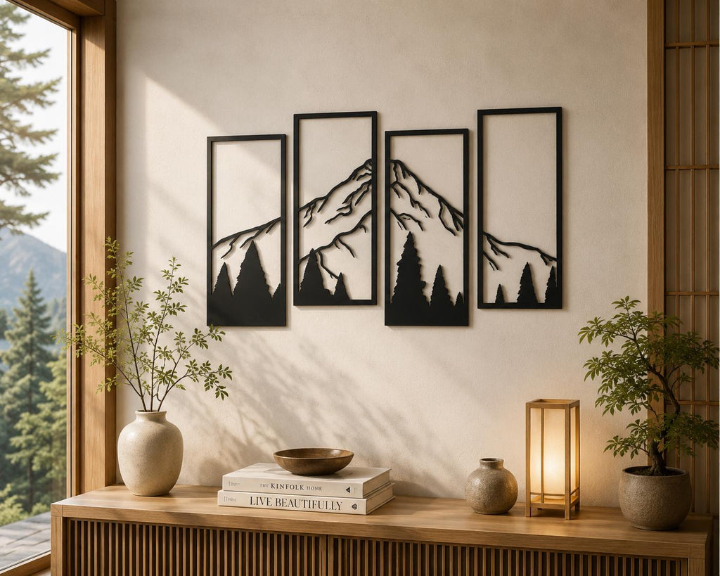 Mountain Metal Wall Art, Geometric Forest Decor, 4 Panel Set
