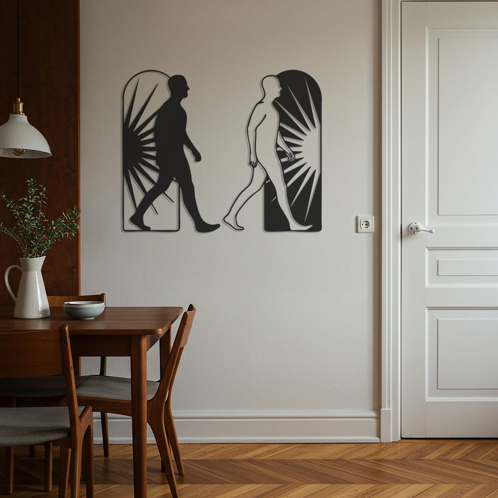 Minimalist Walking Figures Metal Wall Art – Sunburst Silhouette Decor