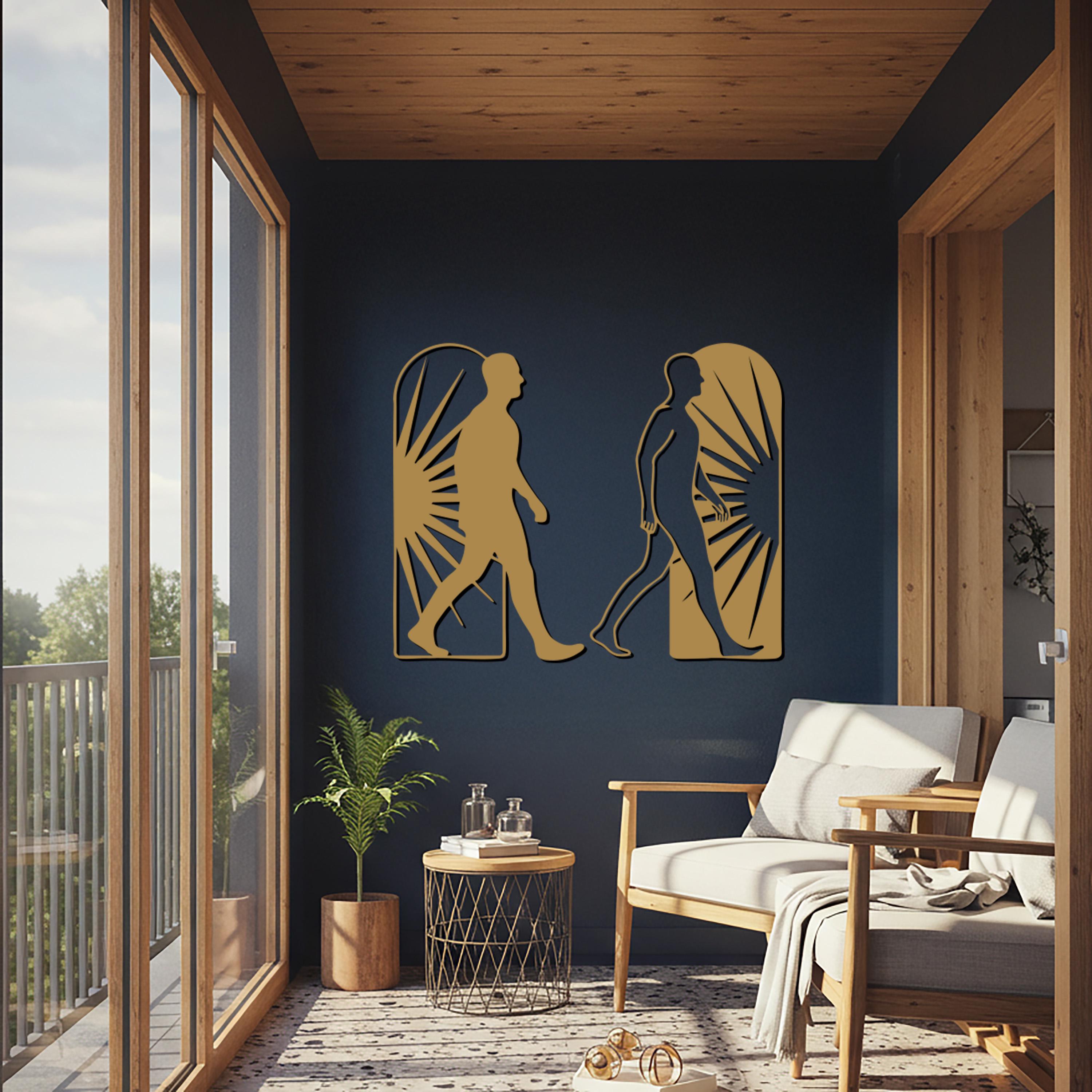 Minimalist Walking Figures Metal Wall Art – Sunburst Silhouette Decor