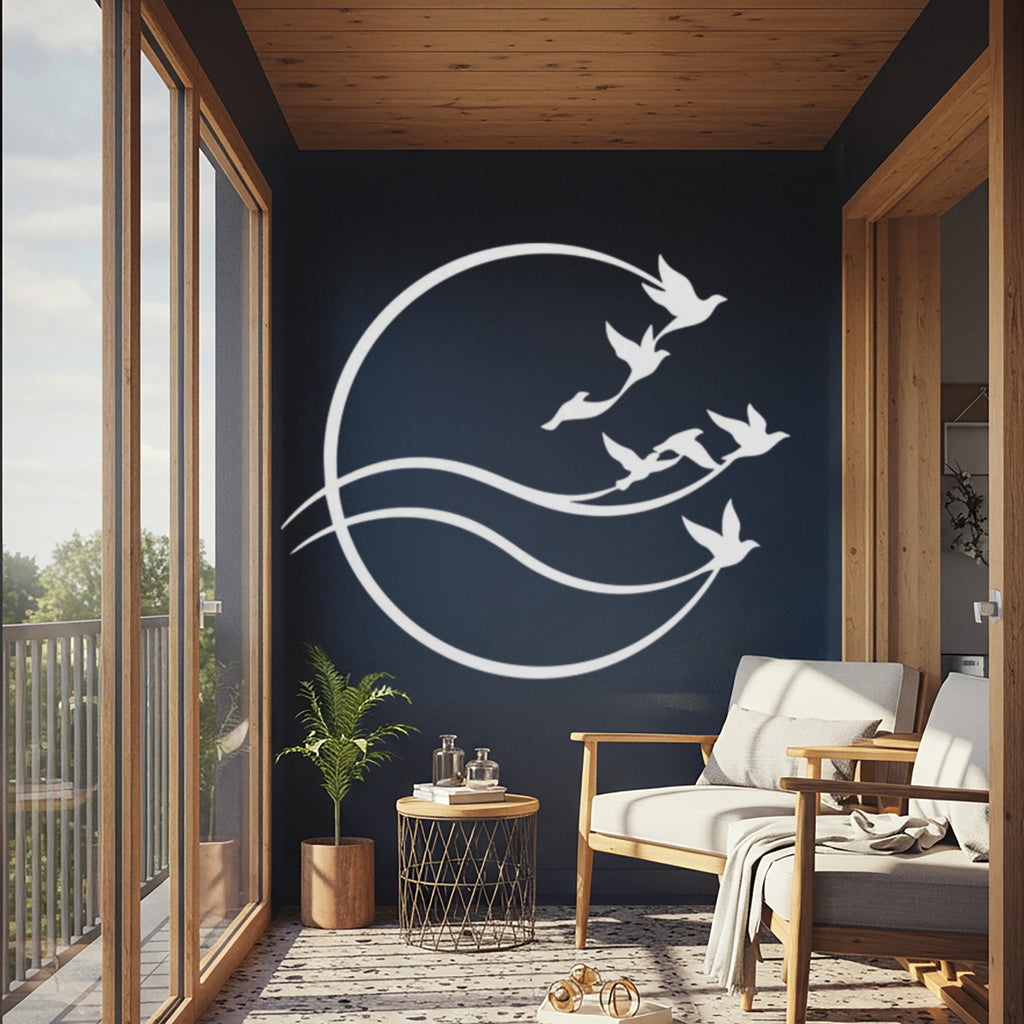 Flying Birds Metal Wall Art, Round Bird Wall Decor, Minimalist Nature Steel Wall Hanging, Modern Home Decor